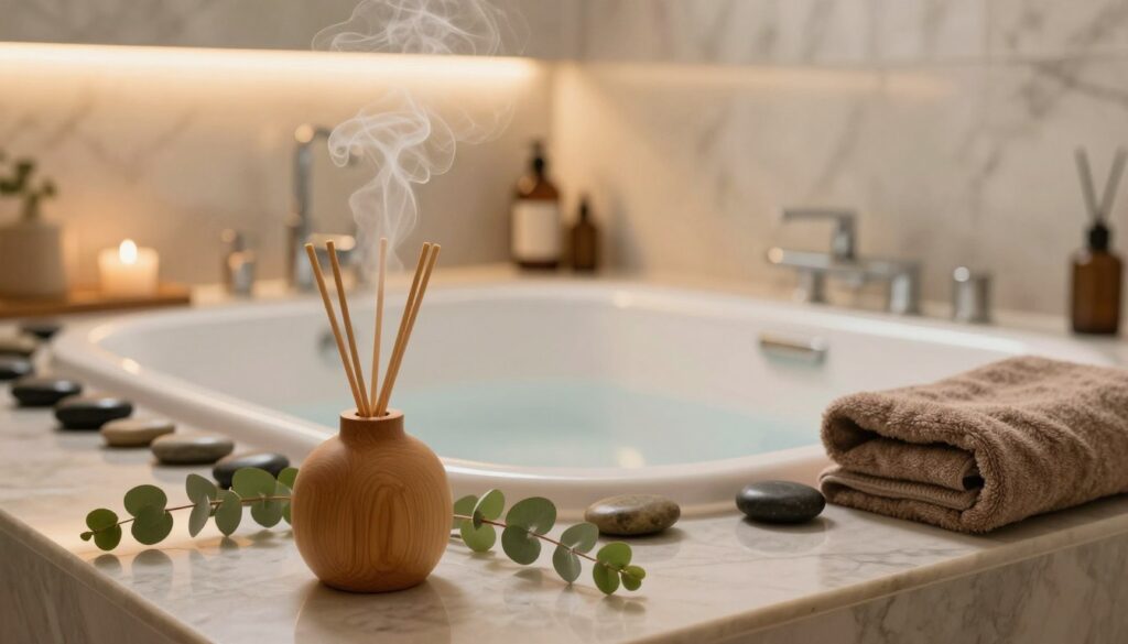 A serene and inviting spa bathroom featuring eucalyptus elements for an upscale hotel experience. In the foreground, a stylish wooden diffuser emits gentle wisps of eucalyptus mist, with delicate green leaves scattered around it. The middle ground showcases a luxurious soaking tub surrounded by smooth stones and soft towels in earthy tones, promoting a calming atmosphere. The background features elegant marble walls, softly lit by warm ambient lighting, creating a soothing glow. The angle is slightly elevated, offering a panoramic view that captures the entire relaxing scene, evoking freshness and tranquility. The mood is serene and revitalizing, inviting viewers to imagine a spa-like retreat in their own home. A serene and inviting spa bathroom featuring eucalyptus elements for an upscale hotel experience. In the foreground, a stylish wooden diffuser emits gentle wisps of eucalyptus mist, with delicate green leaves scattered around it. The middle ground showcases a luxurious soaking tub surrounded by smooth stones and soft towels in earthy tones, promoting a calming atmosphere. The background features elegant marble walls, softly lit by warm ambient lighting, creating a soothing glow. The angle is slightly elevated, offering a panoramic view that captures the entire relaxing scene, evoking freshness and tranquility. The mood is serene and revitalizing, inviting viewers to imagine a spa-like retreat in their own home.