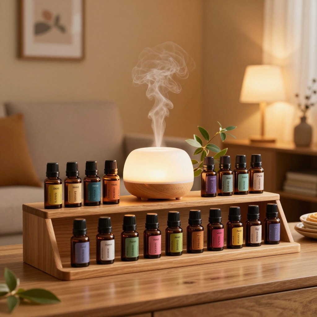 A serene and organized essential oil storage setup in a cozy living room. In the foreground, a beautifully crafted wooden shelf displays a variety of essential oil bottles with labels, arranged by color and size. The middle layer features a well-lit diffuser emitting a soft mist, with delicate plant leaves surrounding it, hinting at natural botanicals. In the background, there are warm-toned walls adorned with calming art and soft, ambient lighting from table lamps that bathe the space in a welcoming glow. The atmosphere is tranquil and homely, inviting relaxation, with an emphasis on the importance of maintaining and storing essential oils effectively. The image captures a sense of harmony and warmth, perfect for a cozy living environment.