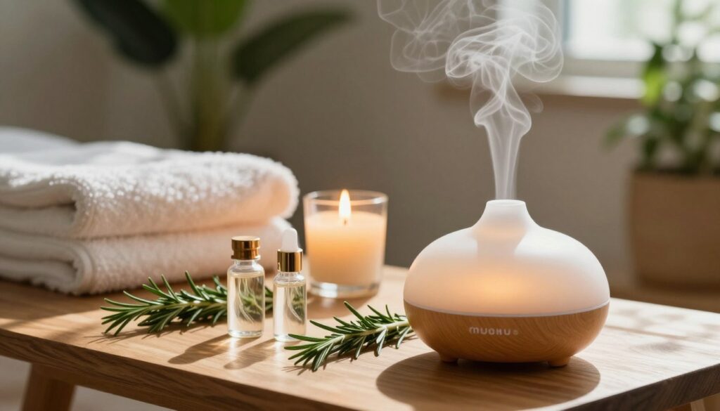A serene aromatherapy setting focused on rosemary as the centerpiece. In the foreground, a stylishly arranged wooden table holds a sleek, modern diffuser emitting gentle wisps of fragrant steam. Fresh rosemary sprigs are artfully placed beside delicate, crystal-clear essential oil bottles. In the middle, a plush, calming atmosphere is created with soft towels and a candle flickering with warm light, enhancing the ambiance. The background features a lush indoor plant softly blurred, embodying tranquility. Dappled sunlight filters through a window, casting gentle shadows that evoke a sense of relaxation. The overall mood is soothing and elegant, perfect for a 5-star hotel bathroom feel conducive to relaxation and rejuvenation. A serene aromatherapy setting focused on rosemary as the centerpiece. In the foreground, a stylishly arranged wooden table holds a sleek, modern diffuser emitting gentle wisps of fragrant steam. Fresh rosemary sprigs are artfully placed beside delicate, crystal-clear essential oil bottles. In the middle, a plush, calming atmosphere is created with soft towels and a candle flickering with warm light, enhancing the ambiance. The background features a lush indoor plant softly blurred, embodying tranquility. Dappled sunlight filters through a window, casting gentle shadows that evoke a sense of relaxation. The overall mood is soothing and elegant, perfect for a 5-star hotel bathroom feel conducive to relaxation and rejuvenation.
