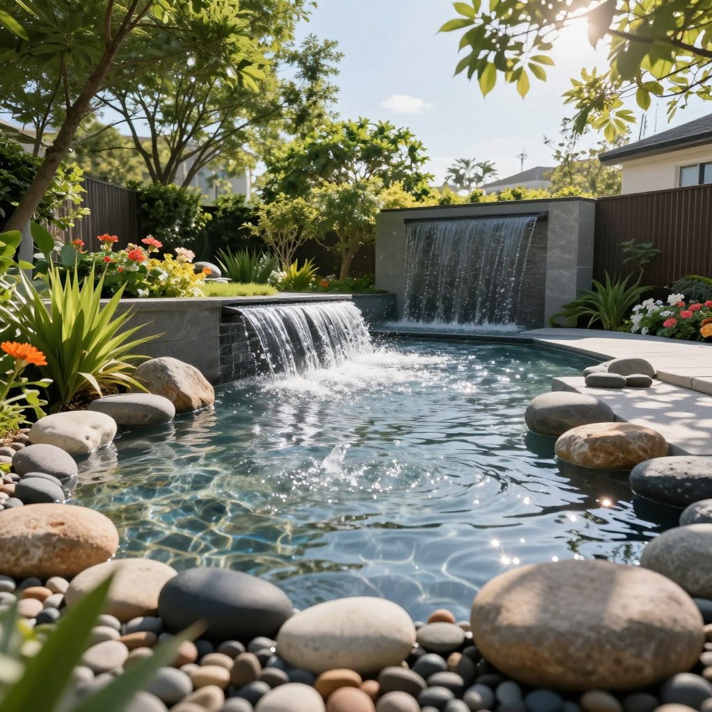 A serene backyard scene featuring an interactive water feature, central to the layout. In the foreground, smooth stones and pebbles surround the water, with gentle splashes and reflective surfaces creating a playful atmosphere. In the middle ground, a sleek, modern water wall cascades into a shallow pool, inviting families to engage with the water. Lush green plants and vibrant flowers frame the edges, enhancing the natural beauty. In the background, tall trees provide shade, and a clear blue sky shines through, casting dappled sunlight on the scene. The mood is tranquil yet lively, perfect for family gatherings. Captured with soft focus to emphasize the beauty of the feature, using a wide-angle lens to encompass the entire backyard layout.