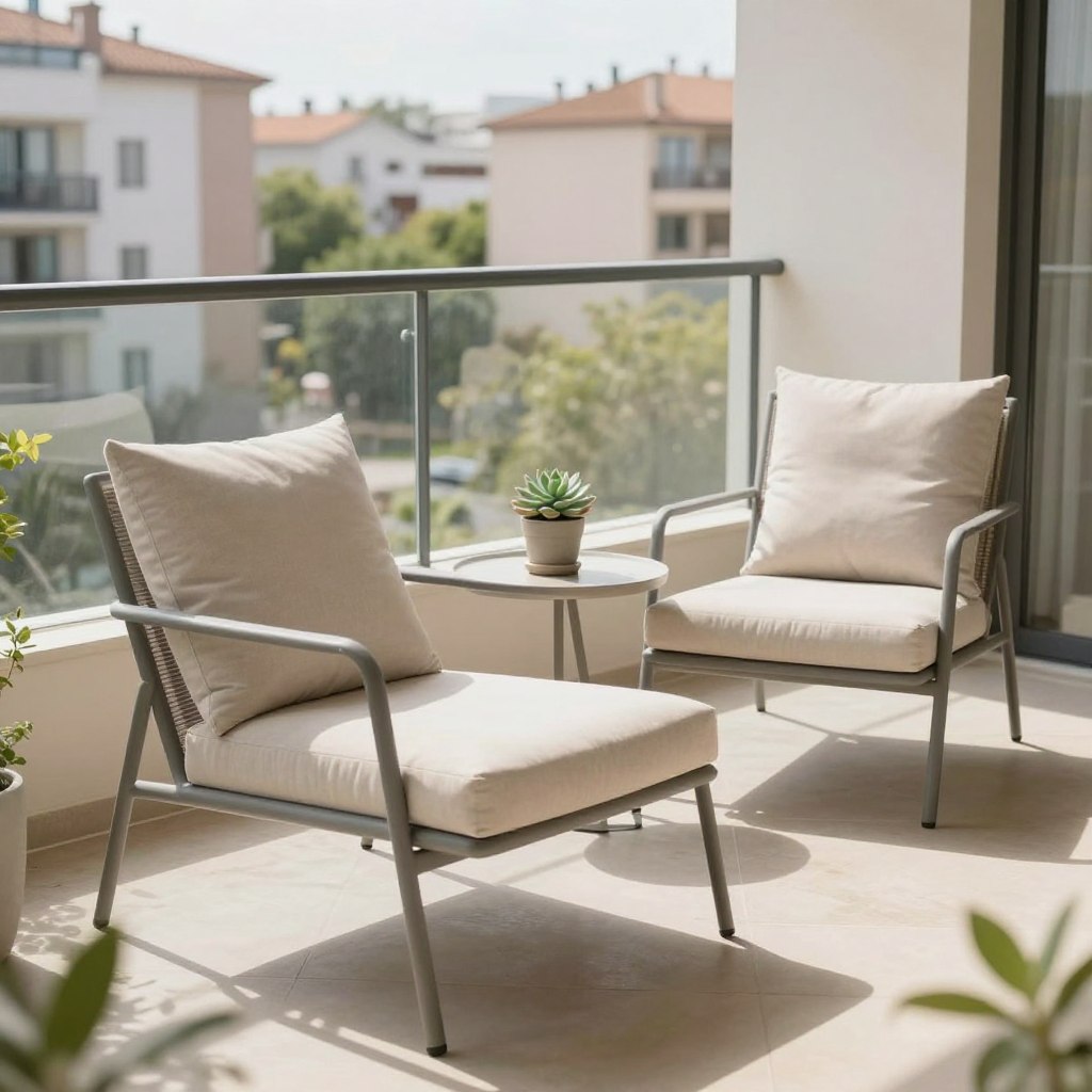 A serene balcony setting featuring a pair of minimalist outdoor lounge chairs, elegantly designed with sleek lines and neutral tones. In the foreground, the comfortable chairs are adorned with soft cushions, inviting relaxation. The middle ground showcases a small, round side table topped with a potted succulent, adding a touch of greenery. In the background, a gentle cityscape is visible, with soft-focus apartment buildings and greenery hinting at an urban oasis. Natural sunlight filters through, creating dappled shadows on the balcony floor, enhancing the tranquil mood. The image is captured at a slightly elevated angle, providing a comprehensive view of the inviting scene, emphasizing a peaceful retreat in a small space.