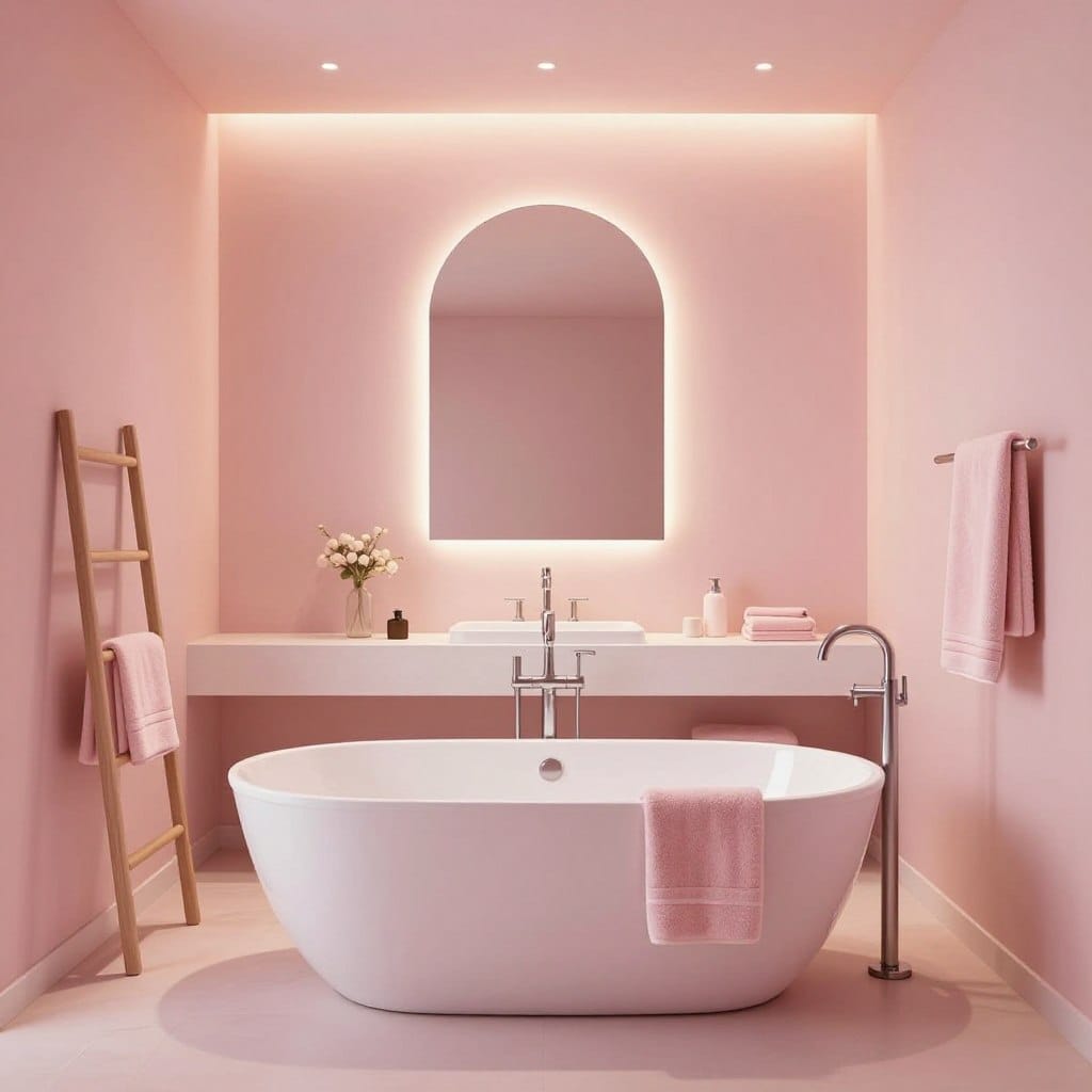 A serene bathroom featuring blush pink walls that create a warm and inviting atmosphere. In the foreground, a stylish freestanding bathtub with elegant fixtures is centered, surrounded by minimalist decor such as plush towels on a ladder and soft pink accents. The middle area showcases a modern sink with a sleek mirror reflecting the soft, ambient lighting. The space is illuminated by warm, diffused light, enhancing the blush pink hue and creating a cozy feel. The background remains free of windows, emphasizing the brightness of the color while utilizing strategically placed light sources to make the room feel airy and spacious. The overall mood is tranquil and refreshing, perfect for a personal retreat.