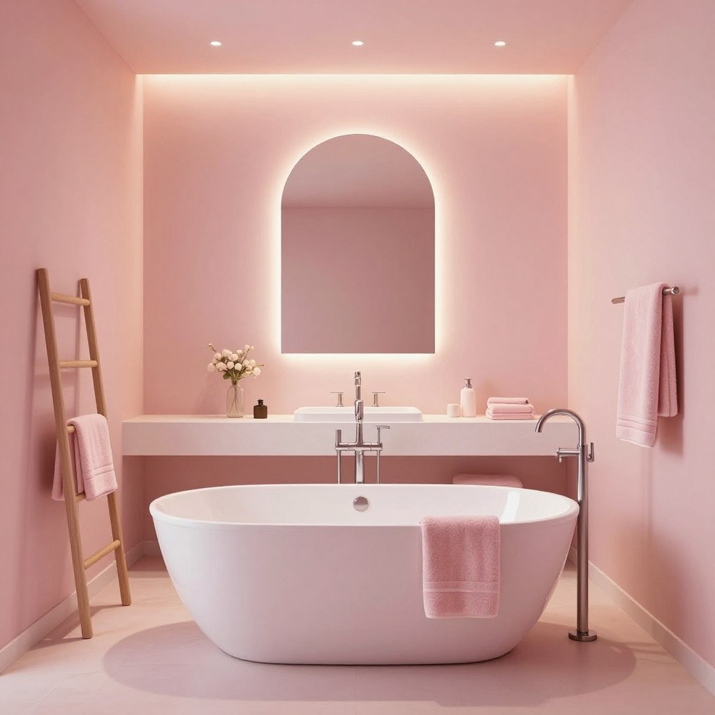 A serene bathroom featuring blush pink walls that create a warm and inviting atmosphere. In the foreground, a stylish freestanding bathtub with elegant fixtures is centered, surrounded by minimalist decor such as plush towels on a ladder and soft pink accents. The middle area showcases a modern sink with a sleek mirror reflecting the soft, ambient lighting. The space is illuminated by warm, diffused light, enhancing the blush pink hue and creating a cozy feel. The background remains free of windows, emphasizing the brightness of the color while utilizing strategically placed light sources to make the room feel airy and spacious. The overall mood is tranquil and refreshing, perfect for a personal retreat. A serene bathroom featuring blush pink walls that create a warm and inviting atmosphere. In the foreground, a stylish freestanding bathtub with elegant fixtures is centered, surrounded by minimalist decor such as plush towels on a ladder and soft pink accents. The middle area showcases a modern sink with a sleek mirror reflecting the soft, ambient lighting. The space is illuminated by warm, diffused light, enhancing the blush pink hue and creating a cozy feel. The background remains free of windows, emphasizing the brightness of the color while utilizing strategically placed light sources to make the room feel airy and spacious. The overall mood is tranquil and refreshing, perfect for a personal retreat.