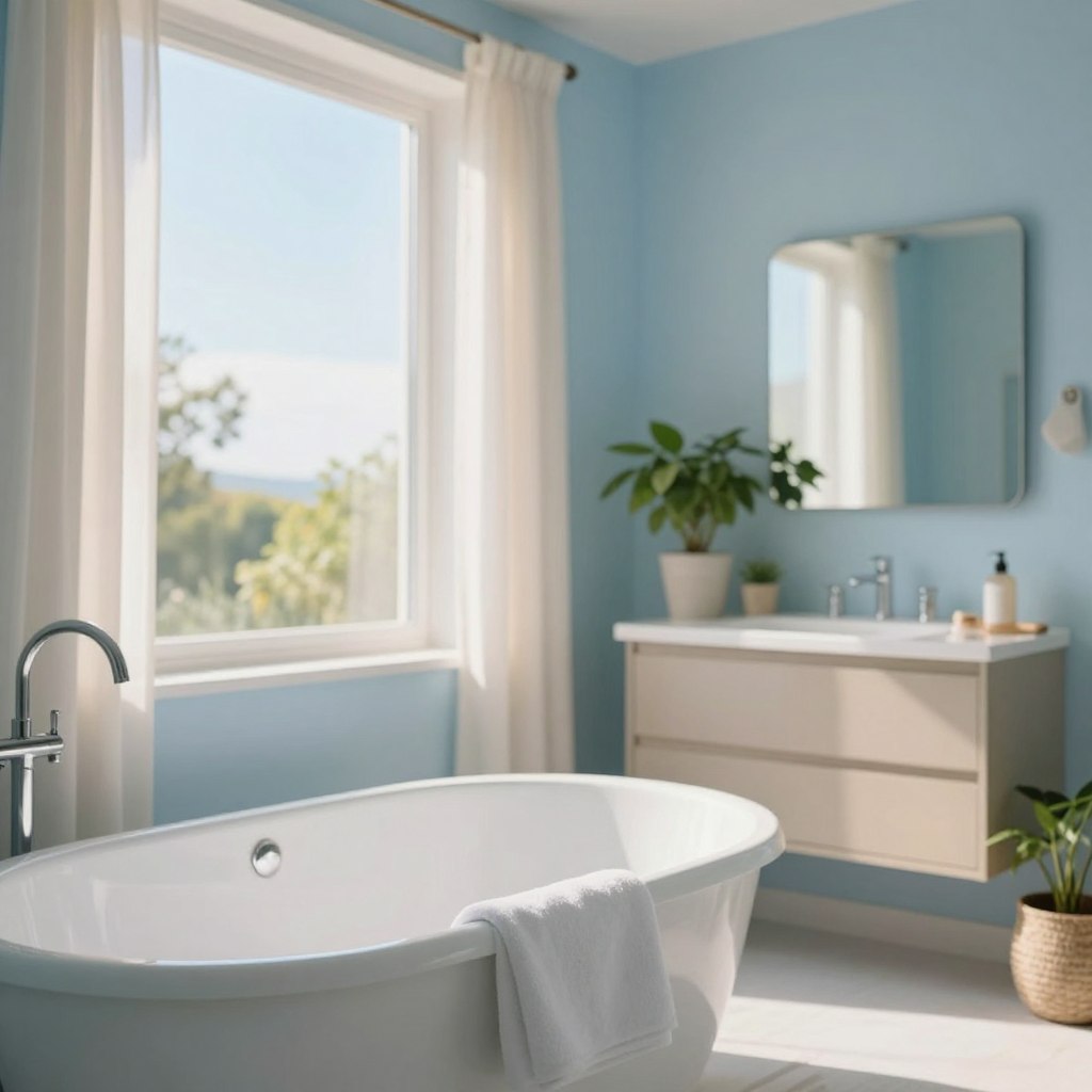 A serene bathroom featuring pale blue walls that evoke a clear sky at noon, illuminated by warm, natural light streaming through a large window. The foreground includes a sleek, white freestanding bathtub adorned with soft, fluffy towels. In the middle, there’s a modern vanity with a polished mirror reflecting the tranquil ambiance. Potted green plants add a touch of nature, enhancing the calm atmosphere. The background showcases delicate, airy curtains fluttering slightly in the breeze, contributing to the overall feeling of openness. The room exudes a peaceful and refreshing mood, inviting relaxation and comfort. Use a soft focus lens to capture the gentle, soothing colors and play of light, accentuating the sky-like illusion created by the paint. A serene bathroom featuring pale blue walls that evoke a clear sky at noon, illuminated by warm, natural light streaming through a large window. The foreground includes a sleek, white freestanding bathtub adorned with soft, fluffy towels. In the middle, there’s a modern vanity with a polished mirror reflecting the tranquil ambiance. Potted green plants add a touch of nature, enhancing the calm atmosphere. The background showcases delicate, airy curtains fluttering slightly in the breeze, contributing to the overall feeling of openness. The room exudes a peaceful and refreshing mood, inviting relaxation and comfort. Use a soft focus lens to capture the gentle, soothing colors and play of light, accentuating the sky-like illusion created by the paint.