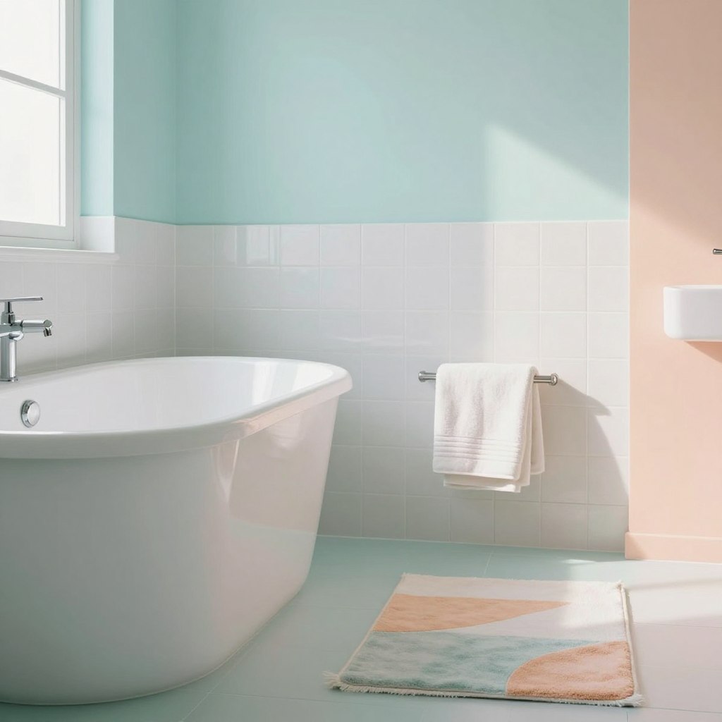 A serene bathroom interior featuring a harmonious blend of color schemes that convey psychological effects. In the foreground, a sleek white bathtub surrounded by soft pastel-colored walls, such as calming blues and tranquil greens, complemented by subtle peach accents to evoke warmth. In the middle, elegant accessories like towels and a stylish rug enhance the atmosphere with complementary hues that promote relaxation. The background showcases subtly patterned white tiles that reflect light, creating a bright and airy space. Soft natural lighting filters through a frosted window, casting gentle shadows that add depth. The overall mood is tranquil and inviting, perfect for illustrating the influence of color in bathroom design, emphasizing psychological well-being and comfort.