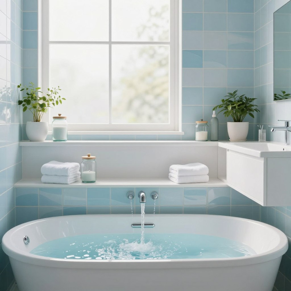 A serene bathroom interior showcasing a tranquil color palette of soft blues and aquas complemented by white tiles. In the foreground, a modern freestanding bathtub filled with cascading water is placed against a backdrop of soothing wave-patterned tiles. The middle layer features sleek, minimalist cabinetry in a crisp white finish, adorned with elegant glass jars and fluffy white towels. In the background, a large window allows gentle natural light to filter in, illuminating the space with a soft glow. Potted greenery adds a touch of freshness, creating a calming atmosphere. The overall mood is inviting and peaceful, perfect for a relaxing retreat. Use a wide-angle view to capture the full essence of the design.