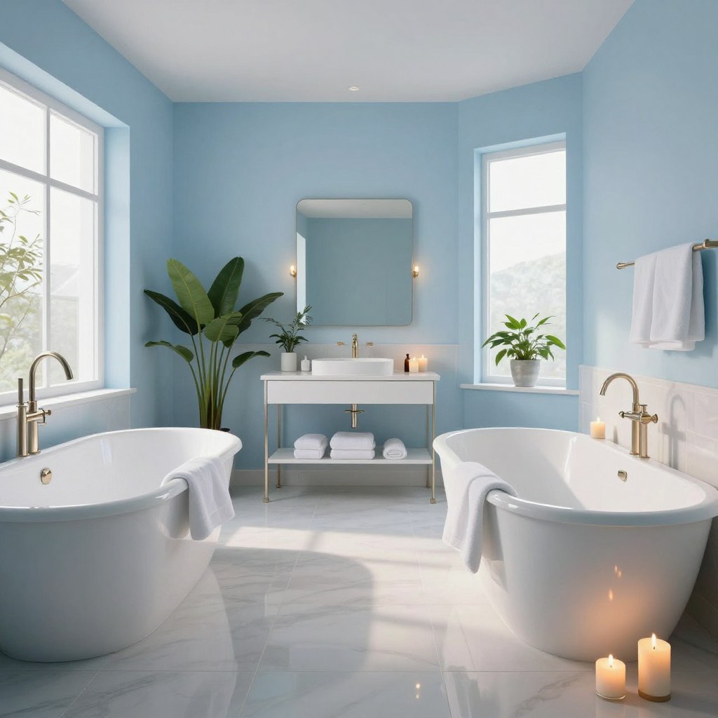 A serene bathroom painted in pale sky blue, reflecting the tranquility of a spa atmosphere. In the foreground, a luxurious freestanding bathtub with soft white towels draped nearby, complemented by delicate candles releasing a warm, inviting glow. The middle features a sleek vanity with a stylish mirror, surrounded by houseplants that add a touch of nature. The background showcases a large window allowing natural light to flood the space, enhancing the calming blue tones of the walls. The floor is adorned with smooth, light-colored tiles, creating a cohesive look. Soft shadows dance across the scene, illuminating the peaceful ambiance and inviting relaxation. The photograph is captured with a wide-angle lens, providing a spacious, airy feel. A serene bathroom painted in pale sky blue, reflecting the tranquility of a spa atmosphere. In the foreground, a luxurious freestanding bathtub with soft white towels draped nearby, complemented by delicate candles releasing a warm, inviting glow. The middle features a sleek vanity with a stylish mirror, surrounded by houseplants that add a touch of nature. The background showcases a large window allowing natural light to flood the space, enhancing the calming blue tones of the walls. The floor is adorned with smooth, light-colored tiles, creating a cohesive look. Soft shadows dance across the scene, illuminating the peaceful ambiance and inviting relaxation. The photograph is captured with a wide-angle lens, providing a spacious, airy feel.