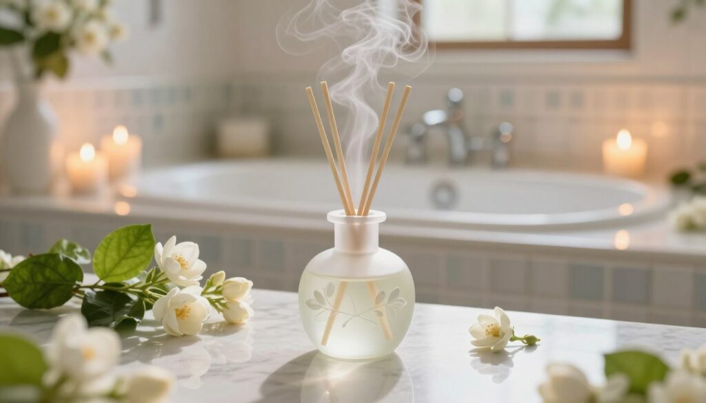 A serene bathroom scene featuring a jasmine diffuser, elegantly structured in the foreground. The diffuser, made of frosted glass with a delicate design, emits gentle wisps of steam infused with jasmine fragrance. Surrounding it are fresh jasmine flowers and lush greenery, creating a calming atmosphere. In the middle ground, a luxurious marble countertop reflects soft, warm lighting that enhances the tranquility. The background showcases a beautifully tiled bathtub with candles lit on the edges, casting a soft glow throughout the space. The color palette consists of soft whites, light greens, and subtle creams, evoking an exotic and sensual vibe. The entire scene should be bathed in natural light, with a hint of golden hour warmth, creating an inviting and luxurious bathroom sanctuary. A serene bathroom scene featuring a jasmine diffuser, elegantly structured in the foreground. The diffuser, made of frosted glass with a delicate design, emits gentle wisps of steam infused with jasmine fragrance. Surrounding it are fresh jasmine flowers and lush greenery, creating a calming atmosphere. In the middle ground, a luxurious marble countertop reflects soft, warm lighting that enhances the tranquility. The background showcases a beautifully tiled bathtub with candles lit on the edges, casting a soft glow throughout the space. The color palette consists of soft whites, light greens, and subtle creams, evoking an exotic and sensual vibe. The entire scene should be bathed in natural light, with a hint of golden hour warmth, creating an inviting and luxurious bathroom sanctuary.