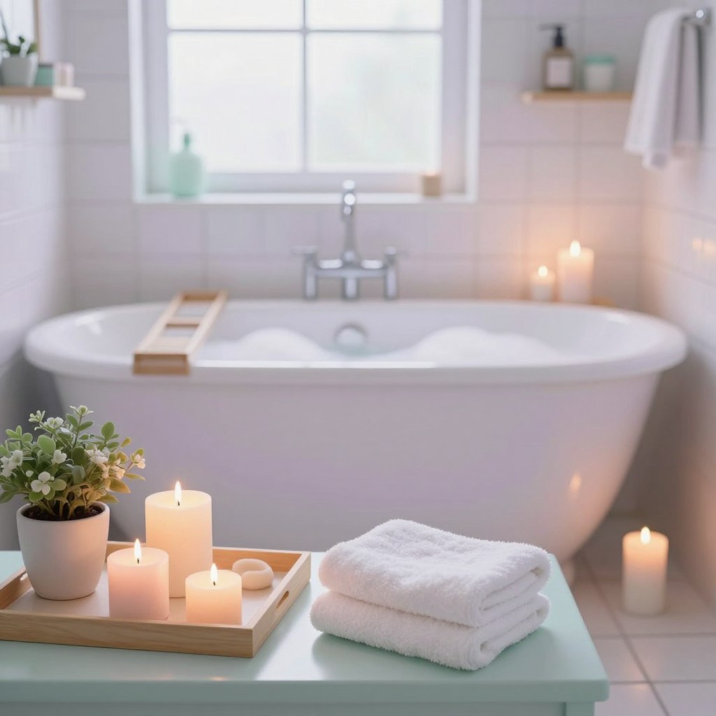 A serene bathroom scene featuring a soft pastel color palette with gentle hues of lavender, mint green, and soft peach, complemented by pristine white tiles. In the foreground, delicate accessories like a light wood tray with candles, a small potted plant, and plush white towels create a tranquil vibe. The middle section showcases a stylish freestanding bathtub filled with bubbles, surrounded by elegant candles flickering softly. The background includes a frosted window allowing natural light to filter in, enhancing the calming atmosphere. Use soft, diffused lighting to create a warm, inviting ambiance, focusing on a shallow depth of field to gently blur the background while highlighting the soothing details of the foreground. This image captures the essence of a serene and romantic bathroom retreat. A serene bathroom scene featuring a soft pastel color palette with gentle hues of lavender, mint green, and soft peach, complemented by pristine white tiles. In the foreground, delicate accessories like a light wood tray with candles, a small potted plant, and plush white towels create a tranquil vibe. The middle section showcases a stylish freestanding bathtub filled with bubbles, surrounded by elegant candles flickering softly. The background includes a frosted window allowing natural light to filter in, enhancing the calming atmosphere. Use soft, diffused lighting to create a warm, inviting ambiance, focusing on a shallow depth of field to gently blur the background while highlighting the soothing details of the foreground. This image captures the essence of a serene and romantic bathroom retreat.