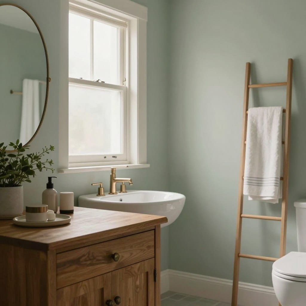 A serene bathroom scene featuring walls painted in a pale silver sage green-gray color. The soft, muted tone creates a calm atmosphere as natural light filters in through a frosted window, illuminating the space gently. In the foreground, a vintage wooden vanity is adorned with minimalist decor, including potted plants and elegant bathroom accessories. The middle ground showcases a sleek, modern sink with brushed metal fixtures, reflecting the subtle hues of the wall. In the background, soft towels are neatly hung on a ladder-style rack, enhancing the cozy vibe. The lighting is warm and inviting, accentuating the soothing qualities of the paint color. The overall mood is tranquil and reflective, perfect for a relaxing bathroom environment.