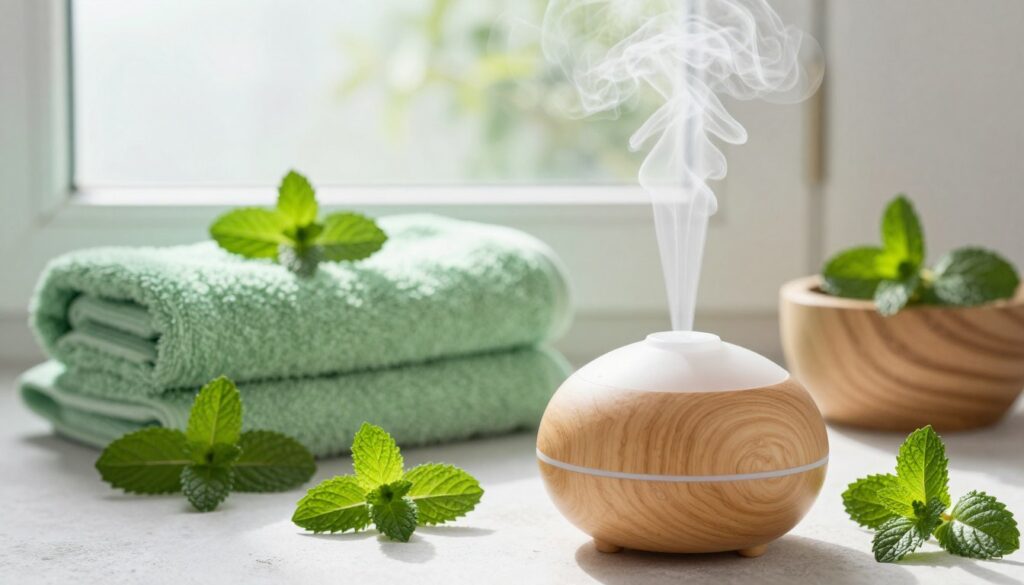 A serene bathroom setting highlighting the refreshing essence of peppermint. In the foreground, a stylish diffuser, elegantly crafted, releases plumes of cool, minty vapors. The middle ground showcases a tastefully arranged spa scene with soft green towels and natural wooden accents, complemented by fresh peppermint leaves artfully scattered around. The background features a frosted window letting in soft, diffused morning light, creating an inviting atmosphere rich with tranquility. The overall mood is crisp and rejuvenating, evoking a luxurious and calming sanctuary. The scene is shot from a slightly elevated angle to capture the entirety of this peaceful escape. The lighting is bright yet soft, emphasizing the freshness and cleanliness associated with peppermint, while subtle shadows add depth to the composition. A serene bathroom setting highlighting the refreshing essence of peppermint. In the foreground, a stylish diffuser, elegantly crafted, releases plumes of cool, minty vapors. The middle ground showcases a tastefully arranged spa scene with soft green towels and natural wooden accents, complemented by fresh peppermint leaves artfully scattered around. The background features a frosted window letting in soft, diffused morning light, creating an inviting atmosphere rich with tranquility. The overall mood is crisp and rejuvenating, evoking a luxurious and calming sanctuary. The scene is shot from a slightly elevated angle to capture the entirety of this peaceful escape. The lighting is bright yet soft, emphasizing the freshness and cleanliness associated with peppermint, while subtle shadows add depth to the composition.