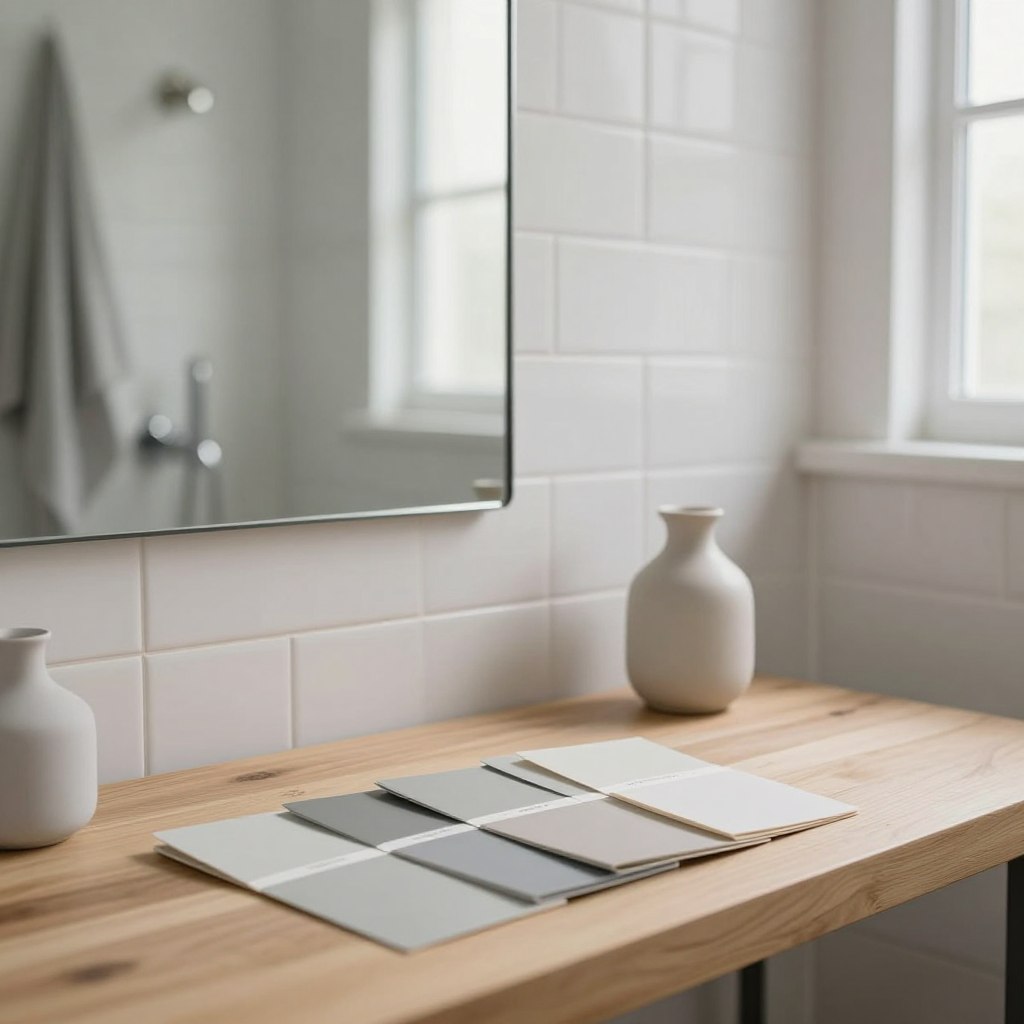 A serene bathroom setting showcasing swatches of pale warm gray paint with subtle greige undertones. The foreground features neatly arranged paint swatches on a light wooden countertop next to a delicate, elegant bathroom accessory. In the middle, a stylish mirror reflects the soothing colors, enhancing the visual depth. The background reveals a softly lit bathroom with white tiles and chrome fixtures, creating a tranquil atmosphere. Natural light streams in from a nearby window, creating gentle shadows and highlights. The overall mood is calming and inviting, emphasizing the versatile beauty of this color choice for small spaces. The composition is designed with a focus on both functionality and aesthetic appeal, connecting paint and atmosphere seamlessly. A serene bathroom setting showcasing swatches of pale warm gray paint with subtle greige undertones. The foreground features neatly arranged paint swatches on a light wooden countertop next to a delicate, elegant bathroom accessory. In the middle, a stylish mirror reflects the soothing colors, enhancing the visual depth. The background reveals a softly lit bathroom with white tiles and chrome fixtures, creating a tranquil atmosphere. Natural light streams in from a nearby window, creating gentle shadows and highlights. The overall mood is calming and inviting, emphasizing the versatile beauty of this color choice for small spaces. The composition is designed with a focus on both functionality and aesthetic appeal, connecting paint and atmosphere seamlessly.