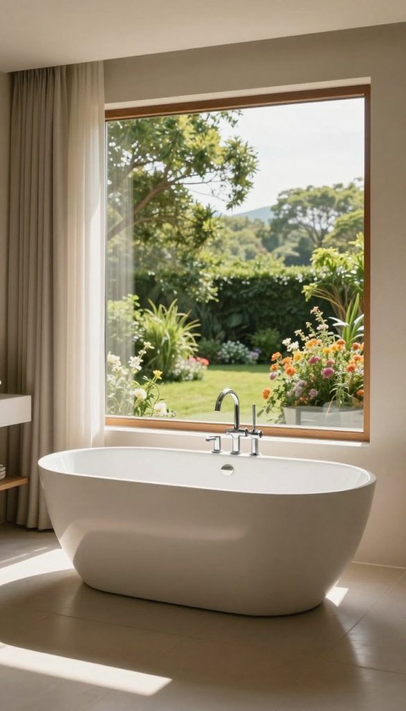 A serene bathroom space features a beautifully crafted freestanding tub positioned elegantly beside a large picture window. The tub, with a modern design and polished chrome fixtures, invites relaxation. Sunlight streams through the expansive window, casting gentle shadows across the smooth floor. Outside, lush green gardens and vibrant flower beds create a picturesque landscape, with trees swaying lightly in a soft breeze. The atmosphere is tranquil and inviting, enhanced by the warm, natural light. The window's framing is adorned with simple, light sheer curtains that flutter slightly. The angle captures both the tub and the scenic view, emphasizing the luxurious experience of bathing with a captivating outlook.