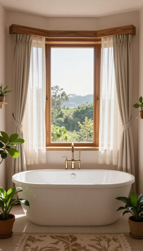 A serene bay window alcove featuring a spacious integrated bathtub, elegantly situated under soft natural light. The foreground showcases a luxurious white freestanding bathtub with sleek lines, surrounded by potted greenery for a refreshing touch. The middle layer includes the inviting bay window, framed by sheer curtains that gently diffuse the sunlight, highlighting the rich wooden trim and panoramic view outside. In the background, soft pastel walls enhance the tranquil atmosphere, while a plush area rug adds warmth to the space. The overall mood is calm and inviting, perfect for relaxation and enjoying the scenic view, with shadows delicately cast by the afternoon sun. The image captures a peaceful spa-like ambiance, inviting contemplation and leisure.