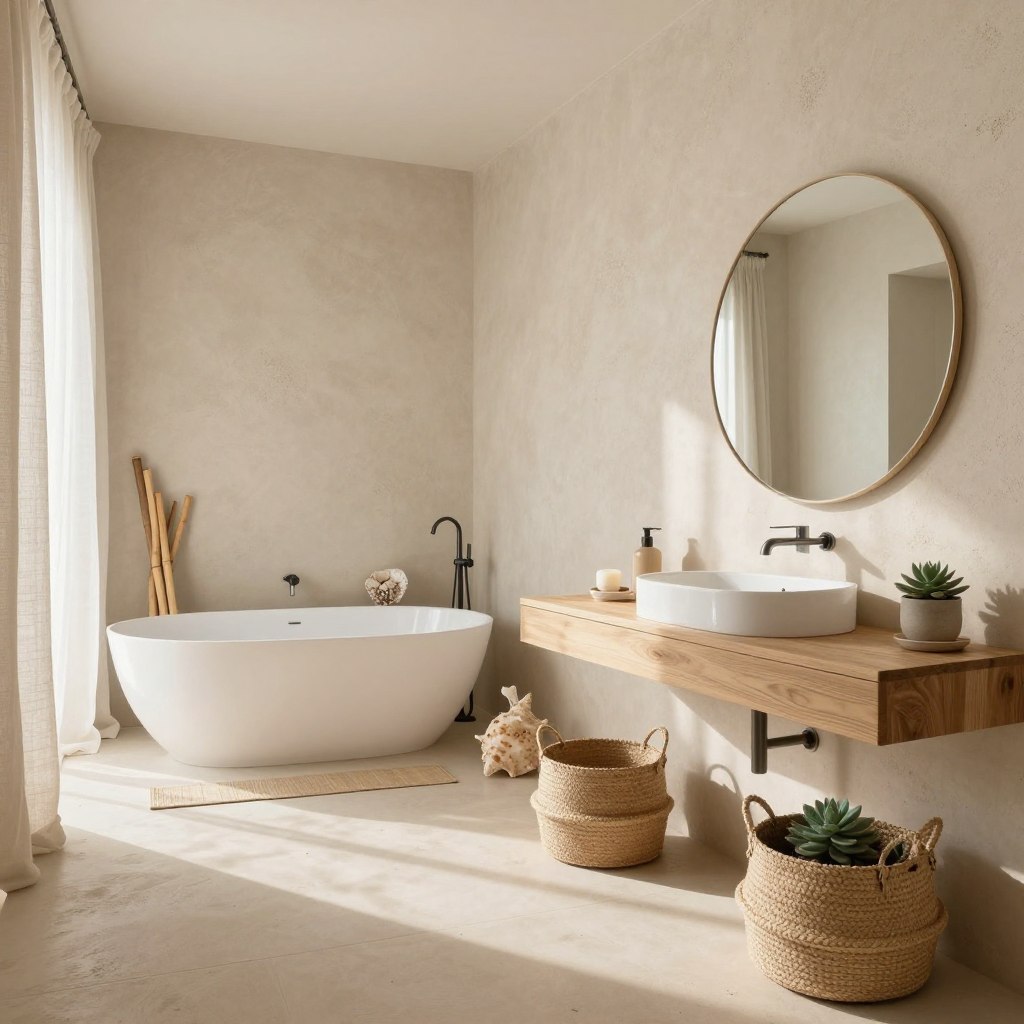 A serene beach bathroom decor featuring sandy neutrals, with a focus on textured walls that evoke a natural sandy feel. The foreground showcases a minimalist wooden vanity with natural fiber baskets, accented by potted succulents in muted tones. In the middle, a large round mirror reflects soft, warm lighting, enhancing the tranquil atmosphere. The background includes a freestanding bathtub surrounded by bamboo accents and nature-inspired decor items, such as seashells and driftwood. Soft sunlight filters through sheer linen curtains, casting gentle shadows and creating a calm ambiance that invites relaxation. The color palette should consist mainly of soft beiges, taupes, and subtle whites, capturing the essence of a coastal retreat. Opt for a wide-angle view to emphasize the spaciousness and soothing atmosphere of this beach-inspired sanctuary. A serene beach bathroom decor featuring sandy neutrals, with a focus on textured walls that evoke a natural sandy feel. The foreground showcases a minimalist wooden vanity with natural fiber baskets, accented by potted succulents in muted tones. In the middle, a large round mirror reflects soft, warm lighting, enhancing the tranquil atmosphere. The background includes a freestanding bathtub surrounded by bamboo accents and nature-inspired decor items, such as seashells and driftwood. Soft sunlight filters through sheer linen curtains, casting gentle shadows and creating a calm ambiance that invites relaxation. The color palette should consist mainly of soft beiges, taupes, and subtle whites, capturing the essence of a coastal retreat. Opt for a wide-angle view to emphasize the spaciousness and soothing atmosphere of this beach-inspired sanctuary.