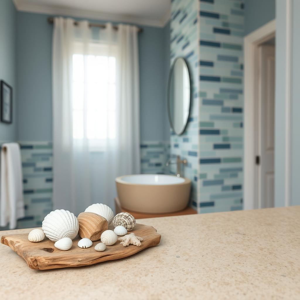 A serene beach bathroom setting featuring a soothing color palette inspired by ocean blues, sandy neutrals, and soft whites. In the foreground, a stylish arrangement of decorative seashells in various shapes and sizes rests on a rustic wooden shelf made from driftwood. The middle ground showcases a modern bathroom sink with a textured beige countertop, while artisan tiles in oceanic hues adorn the walls. The background reveals a bright window with sheer curtains that allow soft, natural light to fill the room, enhancing the tranquil atmosphere. The overall mood is refreshing and inviting, evoking the breezy essence of a coastal retreat. The scene is designed to showcase the connection between the beach and bathroom decor perfect for creating an ocean-inspired oasis. A serene beach bathroom setting featuring a soothing color palette inspired by ocean blues, sandy neutrals, and soft whites. In the foreground, a stylish arrangement of decorative seashells in various shapes and sizes rests on a rustic wooden shelf made from driftwood. The middle ground showcases a modern bathroom sink with a textured beige countertop, while artisan tiles in oceanic hues adorn the walls. The background reveals a bright window with sheer curtains that allow soft, natural light to fill the room, enhancing the tranquil atmosphere. The overall mood is refreshing and inviting, evoking the breezy essence of a coastal retreat. The scene is designed to showcase the connection between the beach and bathroom decor perfect for creating an ocean-inspired oasis.