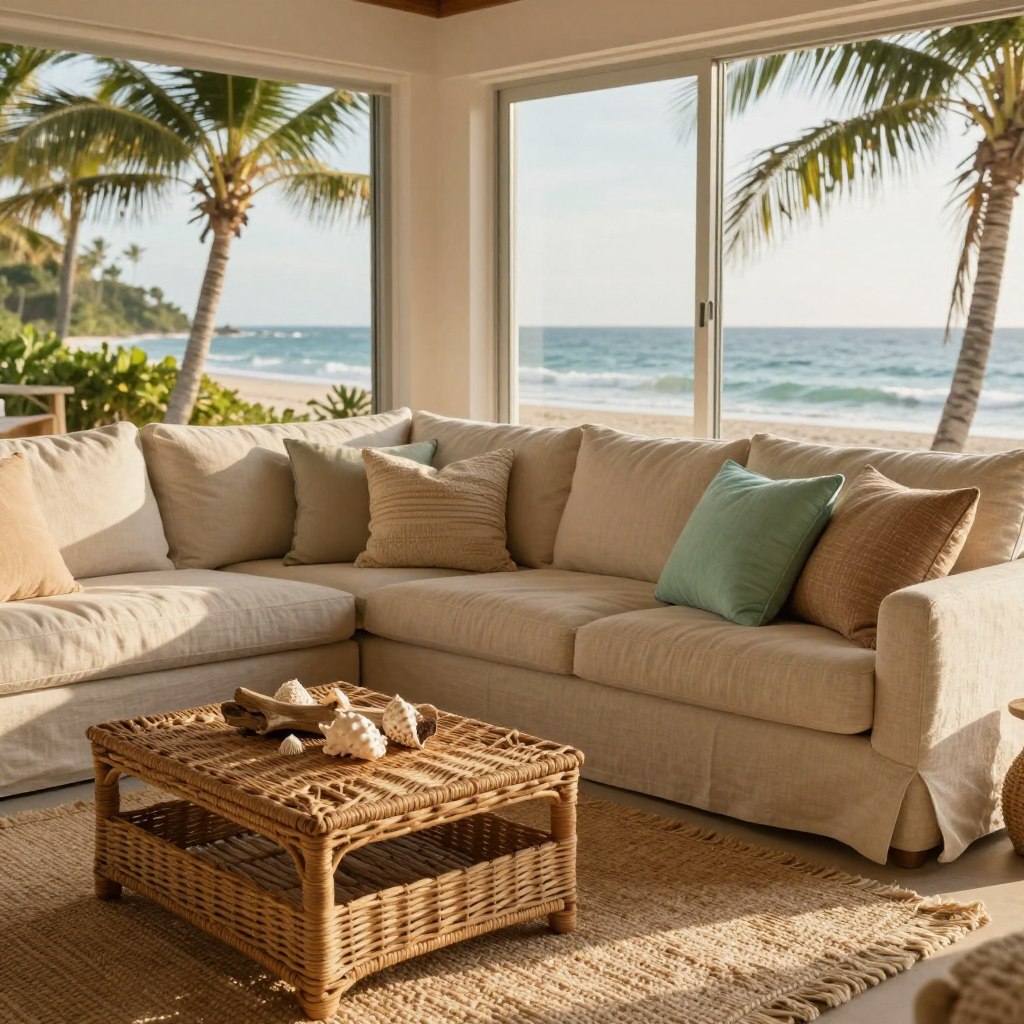 A serene beach house living room showcasing natural textures for an authentic coastal feel. In the foreground, a soft, woven jute rug lies beneath a rustic wicker coffee table adorned with seashells and driftwood accents. The middle ground features a cozy sectional sofa upholstered in light, breathable linen, layered with various textured throw pillows in earthy tones like sandy beige and seafoam green. Behind the sofa, tall windows reveal a spectacular view of waving palm trees and the ocean, bathed in warm, golden sunlight. The atmosphere is tranquil and inviting, enhanced by gentle shadows and natural light creating a relaxing ambiance. The lens captures the scene in a soft focus, emphasizing the harmonious blend of textures and coastal aesthetics.