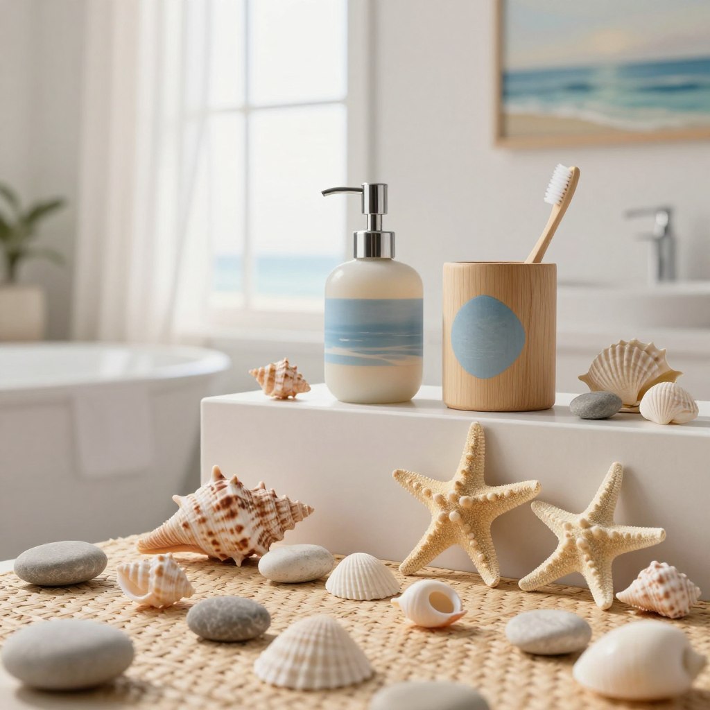 A serene beach-inspired bathroom setting showcasing an array of bath accessories and seashell decor. In the foreground, a beautifully arranged collection of various seashells, starfish, and smooth pebbles on a woven natural fiber mat. The middle layer features elegant bath accessories, like a soap dispenser and toothbrush holder, crafted from light-colored wood and adorned with soft blue and beige hues, evoking beachy vibes. In the background, a window with sheer white curtains lets in soft, warm, natural light, highlighting the peaceful ambiance. A subtle marine-themed painting hangs on the wall, suggesting tranquility. The overall mood is refreshing and inviting, capturing the essence of seaside relaxation, perfect for bringing the ocean breeze home.