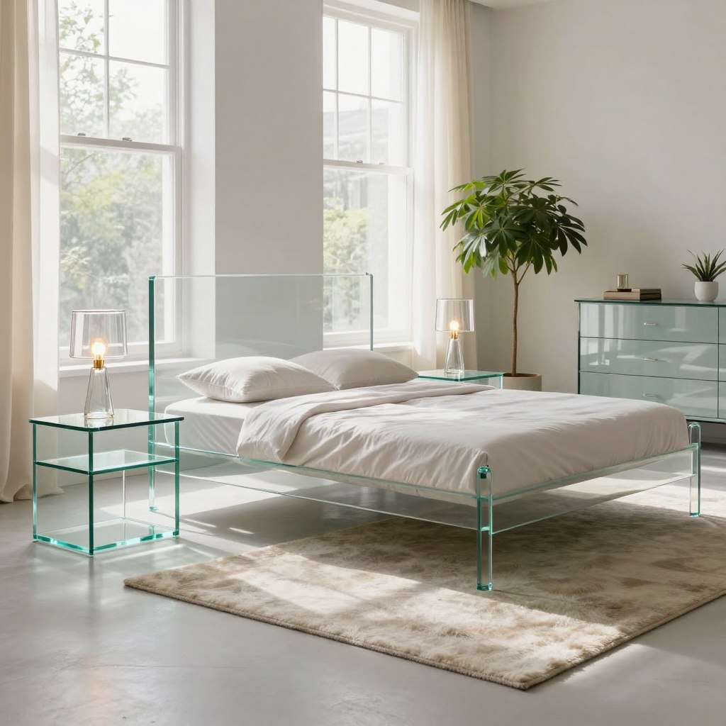 A serene bedroom showcasing modern glass decor, featuring elegant glass furniture like a sleek bed frame, bedside tables, and a chic dresser. The room is bathed in natural light streaming through large windows, highlighting the transparency and reflections of the glass surfaces. A minimalist aesthetic is achieved with soft neutral tones and a touch of greenery from potted plants, enhancing the airy feel. The foreground includes a stylish glass lamp on a nightstand, while the middle shows a plush area rug that complements the glass elements. In the background, soft sheer curtains flutter gently, adding to the tranquil atmosphere. This scene evokes a sense of calm, sophistication, and modernity, ideal for a minimalist retreat. A serene bedroom showcasing modern glass decor, featuring elegant glass furniture like a sleek bed frame, bedside tables, and a chic dresser. The room is bathed in natural light streaming through large windows, highlighting the transparency and reflections of the glass surfaces. A minimalist aesthetic is achieved with soft neutral tones and a touch of greenery from potted plants, enhancing the airy feel. The foreground includes a stylish glass lamp on a nightstand, while the middle shows a plush area rug that complements the glass elements. In the background, soft sheer curtains flutter gently, adding to the tranquil atmosphere. This scene evokes a sense of calm, sophistication, and modernity, ideal for a minimalist retreat.