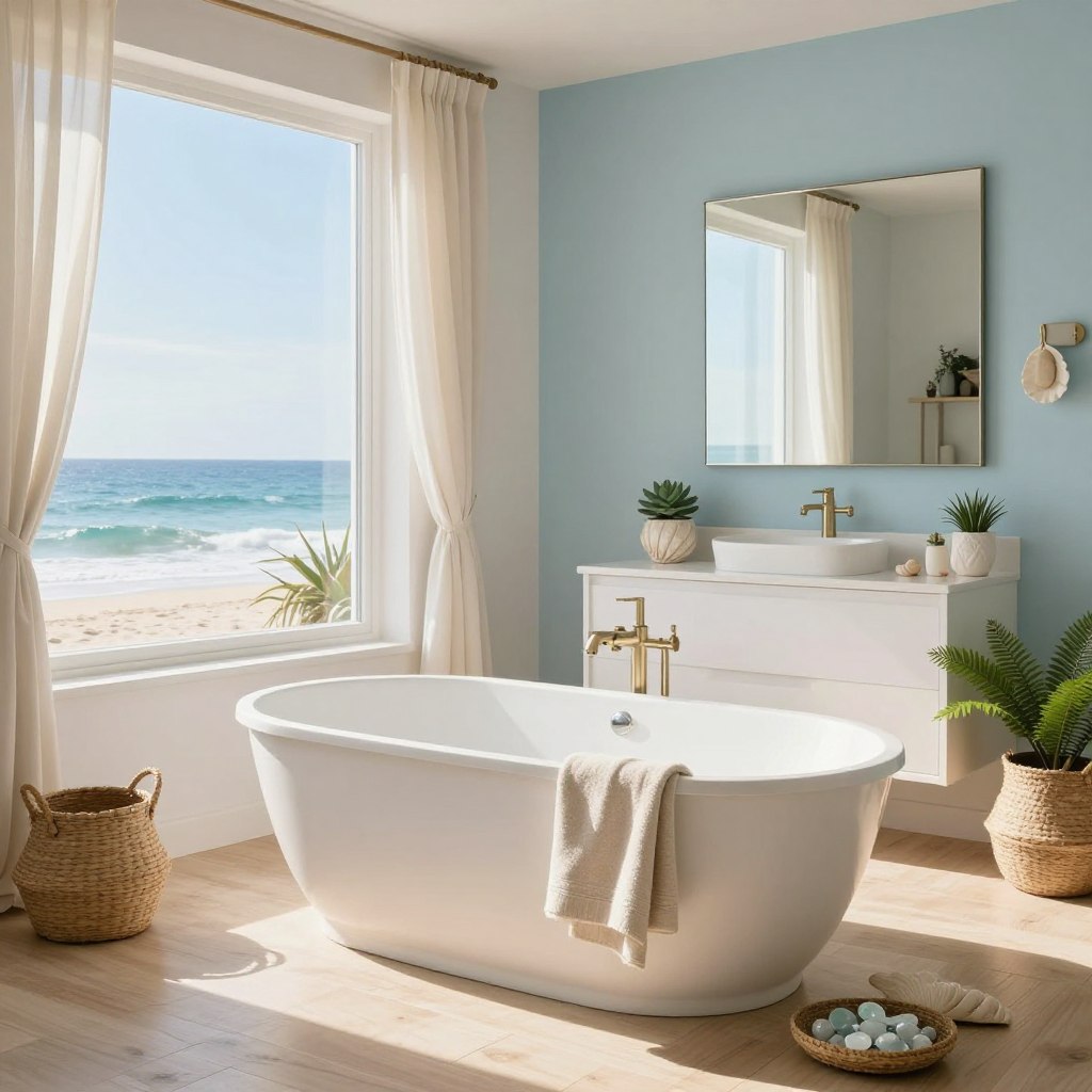 A serene coastal bathroom design bathed in natural light, featuring large windows that showcase a breathtaking ocean view. In the foreground, a freestanding white bathtub sits atop light wooden flooring, surrounded by beach-inspired decor such as woven baskets, sea glass accents, and soft, sandy-colored towels. The middle section highlights a shell-themed vanity with a large mirror reflecting tranquil coastal colors—soft blues, sandy beiges, and crisp whites. In the background, soft sunlight streams in, creating a warm and inviting atmosphere. Accent plants like succulents and ferns add a touch of greenery, while airy sheer curtains flutter gently. The overall mood is calm and rejuvenating, evoking the essence of a peaceful beach retreat where one can unwind and find clarity. A serene coastal bathroom design bathed in natural light, featuring large windows that showcase a breathtaking ocean view. In the foreground, a freestanding white bathtub sits atop light wooden flooring, surrounded by beach-inspired decor such as woven baskets, sea glass accents, and soft, sandy-colored towels. The middle section highlights a shell-themed vanity with a large mirror reflecting tranquil coastal colors—soft blues, sandy beiges, and crisp whites. In the background, soft sunlight streams in, creating a warm and inviting atmosphere. Accent plants like succulents and ferns add a touch of greenery, while airy sheer curtains flutter gently. The overall mood is calm and rejuvenating, evoking the essence of a peaceful beach retreat where one can unwind and find clarity.