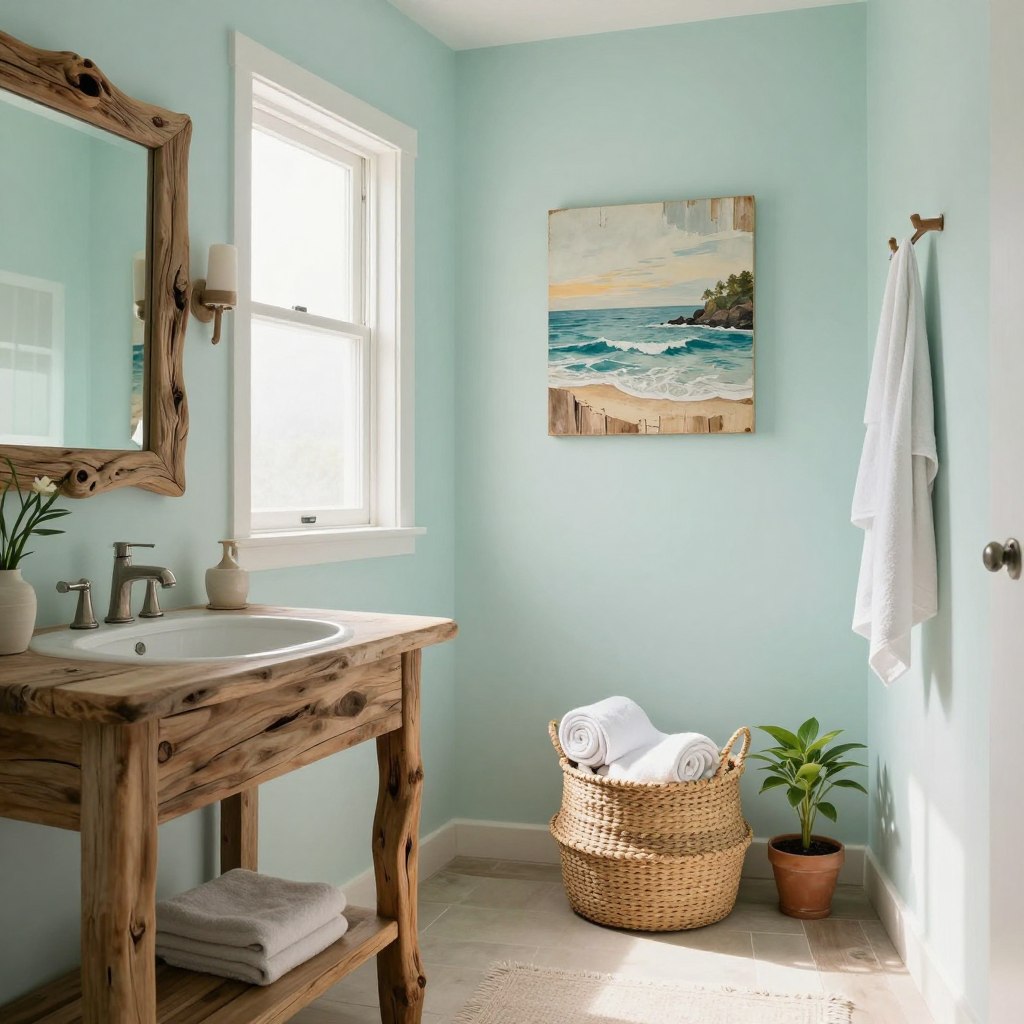A serene coastal bathroom, featuring a blend of driftwood and weathered wood elements. In the foreground, a rustic wooden vanity with a polished driftwood mirror reflecting soft, natural light. The middle ground showcases a relaxing atmosphere, with a woven basket made of natural fibers holding rolled towels, accompanied by a small potted plant. The background features light, airy walls painted in a soft seafoam hue, complemented by a coastal-themed artwork made from reclaimed wood. Sunlight filters in through a nearby frosted window, creating a warm, inviting glow. The overall mood is tranquil and refreshing, evoking the feeling of a breezy beach retreat, while emphasizing a natural, organic touch. A serene coastal bathroom, featuring a blend of driftwood and weathered wood elements. In the foreground, a rustic wooden vanity with a polished driftwood mirror reflecting soft, natural light. The middle ground showcases a relaxing atmosphere, with a woven basket made of natural fibers holding rolled towels, accompanied by a small potted plant. The background features light, airy walls painted in a soft seafoam hue, complemented by a coastal-themed artwork made from reclaimed wood. Sunlight filters in through a nearby frosted window, creating a warm, inviting glow. The overall mood is tranquil and refreshing, evoking the feeling of a breezy beach retreat, while emphasizing a natural, organic touch.
