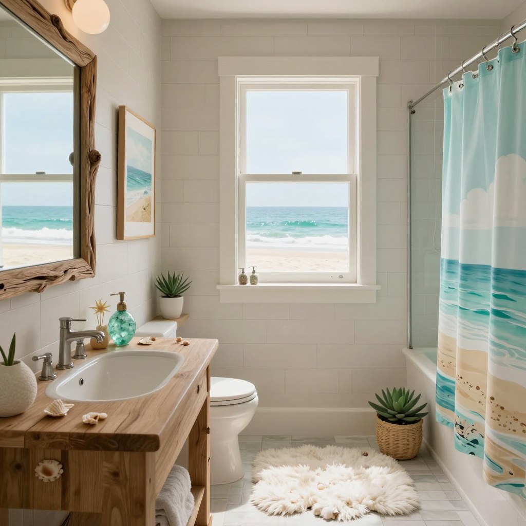 A serene coastal bathroom featuring beach-themed decor, with soft ocean hues of aqua and sandy beige. In the foreground, display a beautifully crafted wooden vanity with seashell accents and a sea glass soap dispenser. The middle ground includes a large mirror framed with driftwood, reflecting natural light that pours in from a frosted window. Add decorative elements like a fluffy white rug resembling sea foam, beach-inspired artwork, and potted succulents. In the background, capture subtle elements of coastal architecture such as shiplap walls and a beach-themed shower curtain. The overall atmosphere should evoke a tranquil beach retreat, complemented by warm, natural lighting that enhances the relaxed mood. No human figures are included.