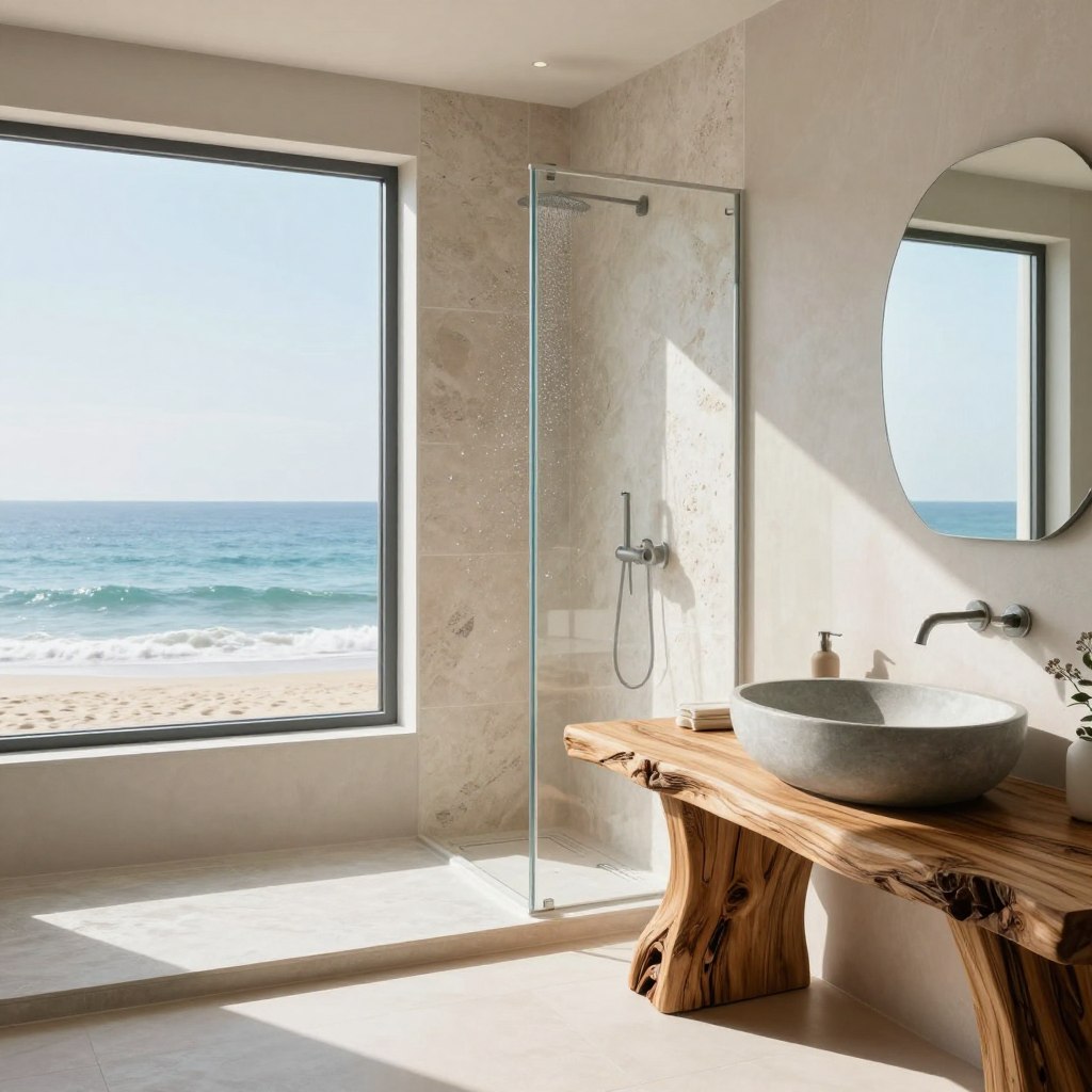 A serene coastal bathroom featuring live edge wood accents and natural stone textures. In the foreground, a stunning live edge wood vanity with a polished surface shows off its organic curves, complemented by a sleek vessel sink made of smooth, gray stone. The middle ground reveals a large, walk-in shower adorned with beautiful, textured stone tiles, reflecting soft water droplets. The background includes large windows opening to a breathtaking ocean view, inviting natural light to flood the room. Bright, airy colors with pale blues and sandy beiges enhance the coastal atmosphere. The mood is calm and refreshing, evoking a beachy tranquility, while the soft sunlight creates gentle shadows, highlighting the beauty of the materials. A serene coastal bathroom featuring live edge wood accents and natural stone textures. In the foreground, a stunning live edge wood vanity with a polished surface shows off its organic curves, complemented by a sleek vessel sink made of smooth, gray stone. The middle ground reveals a large, walk-in shower adorned with beautiful, textured stone tiles, reflecting soft water droplets. The background includes large windows opening to a breathtaking ocean view, inviting natural light to flood the room. Bright, airy colors with pale blues and sandy beiges enhance the coastal atmosphere. The mood is calm and refreshing, evoking a beachy tranquility, while the soft sunlight creates gentle shadows, highlighting the beauty of the materials.