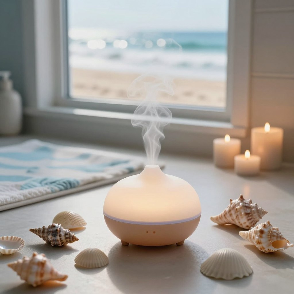 A serene coastal bathroom scene featuring an elegant aromatherapy diffuser nestled among a collection of seashells. In the foreground, the diffuser releases a gentle plume of calming mist, surrounded by smooth, colorful shells of various shapes and sizes. The middle ground shows a soft, coastal-themed bath mat and a few candles flickering softly. In the background, a window overlooks a sandy beach and gentle waves, with natural light streaming in, creating a warm and inviting atmosphere. The color palette includes calming shades of blue, sandy beige, and soft whites, evoking a tranquil beach retreat. The overall mood is relaxing and rejuvenating, perfect for an oasis of coastal peace.