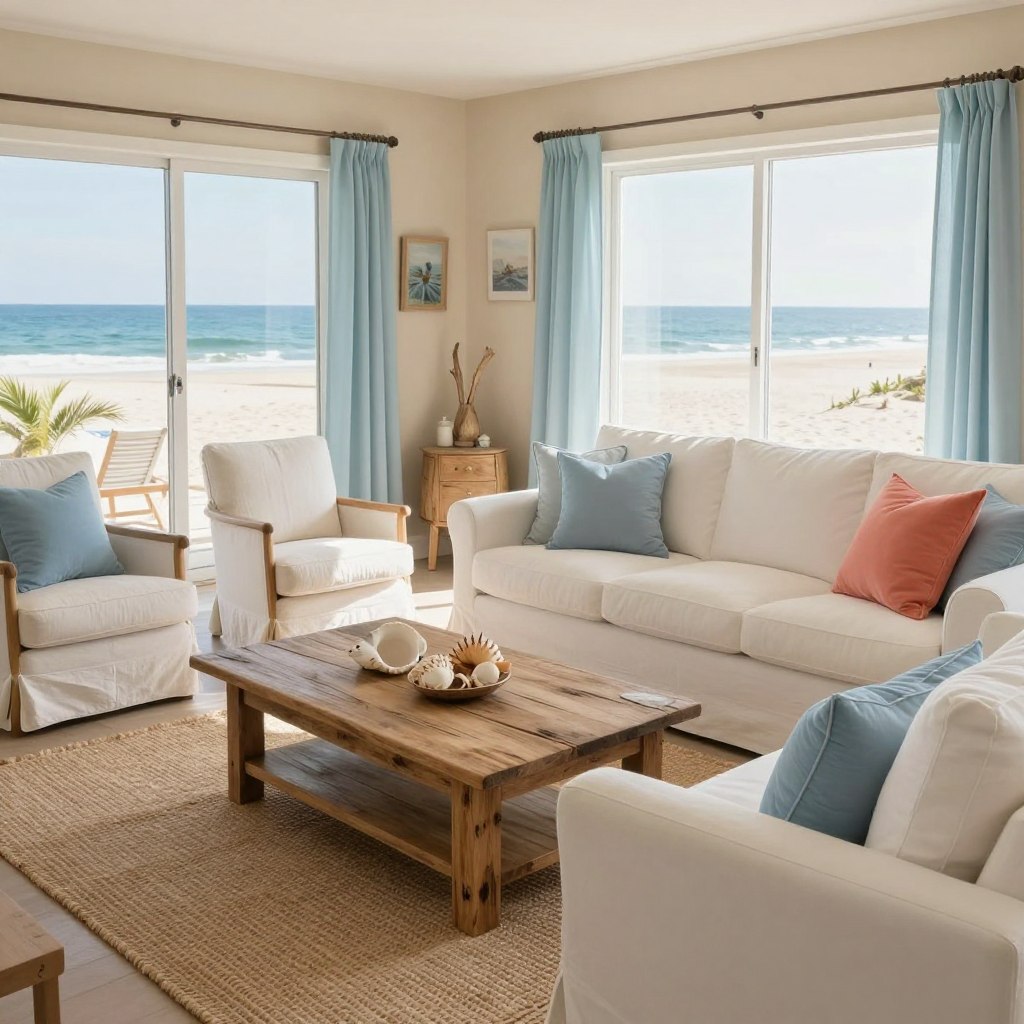 A serene coastal chic living room designed for relaxation, featuring a light, airy space with sandy beige walls and soft ocean blue accents. In the foreground, a plush, oversized white sofa adorned with soft blue and coral throw pillows invites comfort. A reclaimed wood coffee table with a weathered finish sits atop a woven jute rug. In the middle ground, a stylish armchair with a light, breezy fabric offers a cozy reading corner. Home decor elements like seashell ornaments and driftwood accents subtly enhance the coastal theme. In the background, large windows frame a beautiful view of the beach, allowing natural sunlight to flood in, creating a warm and inviting atmosphere. Capture this tranquil retreat at a slightly elevated angle, emphasizing both the interior design and the soothing outdoor scenery.