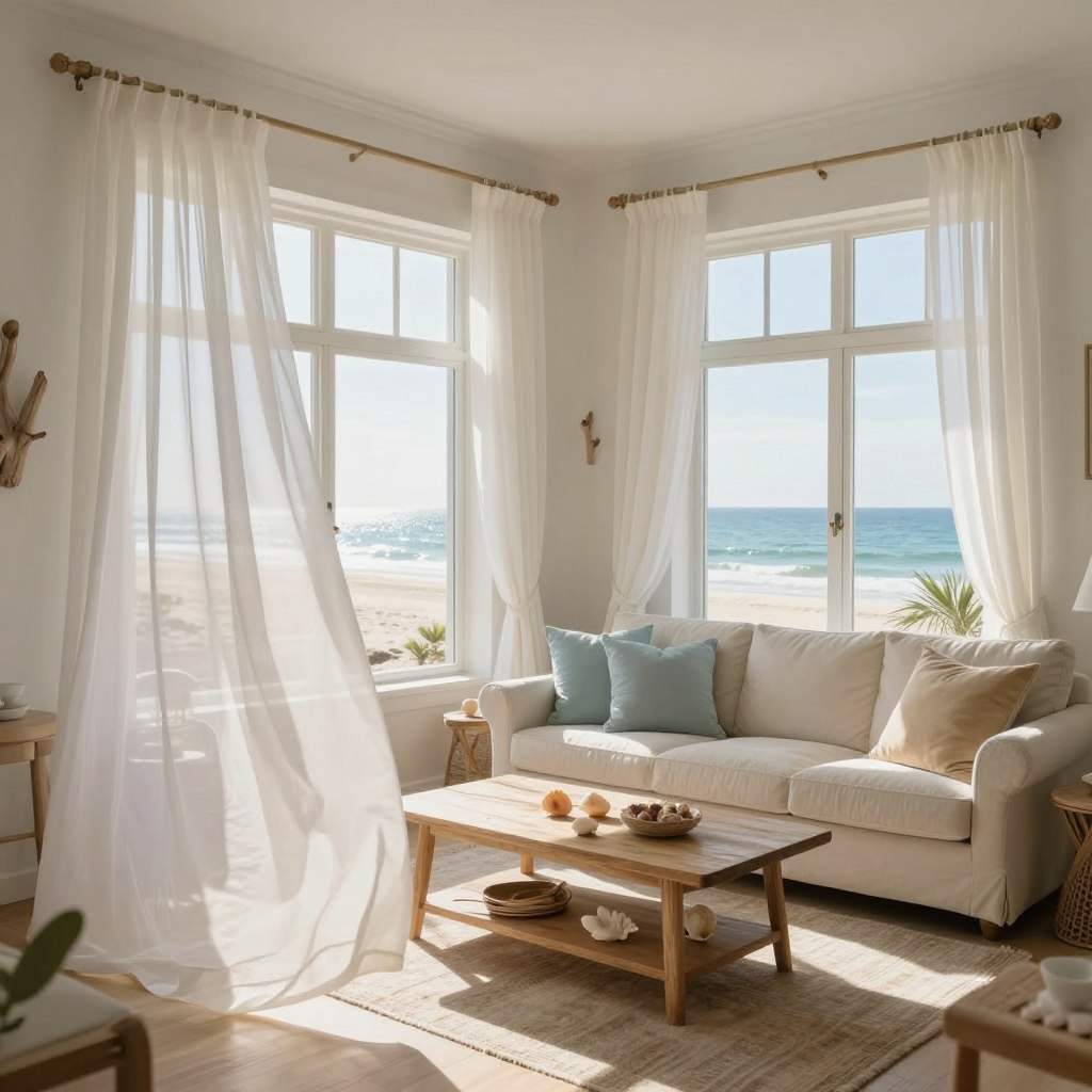 A serene coastal living room featuring light-filled window treatments that invite the gentle glow of the sun. In the foreground, sheer white curtains billow softly in a refreshing ocean breeze, beautifully diffusing the daylight. The middle ground showcases a comfortable sofa adorned with light blue and sandy beige throw pillows, complemented by a beach-themed coffee table. In the background, panoramic windows reveal a stunning view of the beach and sea beyond, brightening the entire space with a warm, inviting atmosphere. The lighting is soft and natural, creating a peaceful ambiance that emphasizes relaxation. The room is styled with coastal decor accents, such as driftwood and seashells, enhancing the tranquil beach vibes, all captured with a wide-angle lens for an expansive feel.