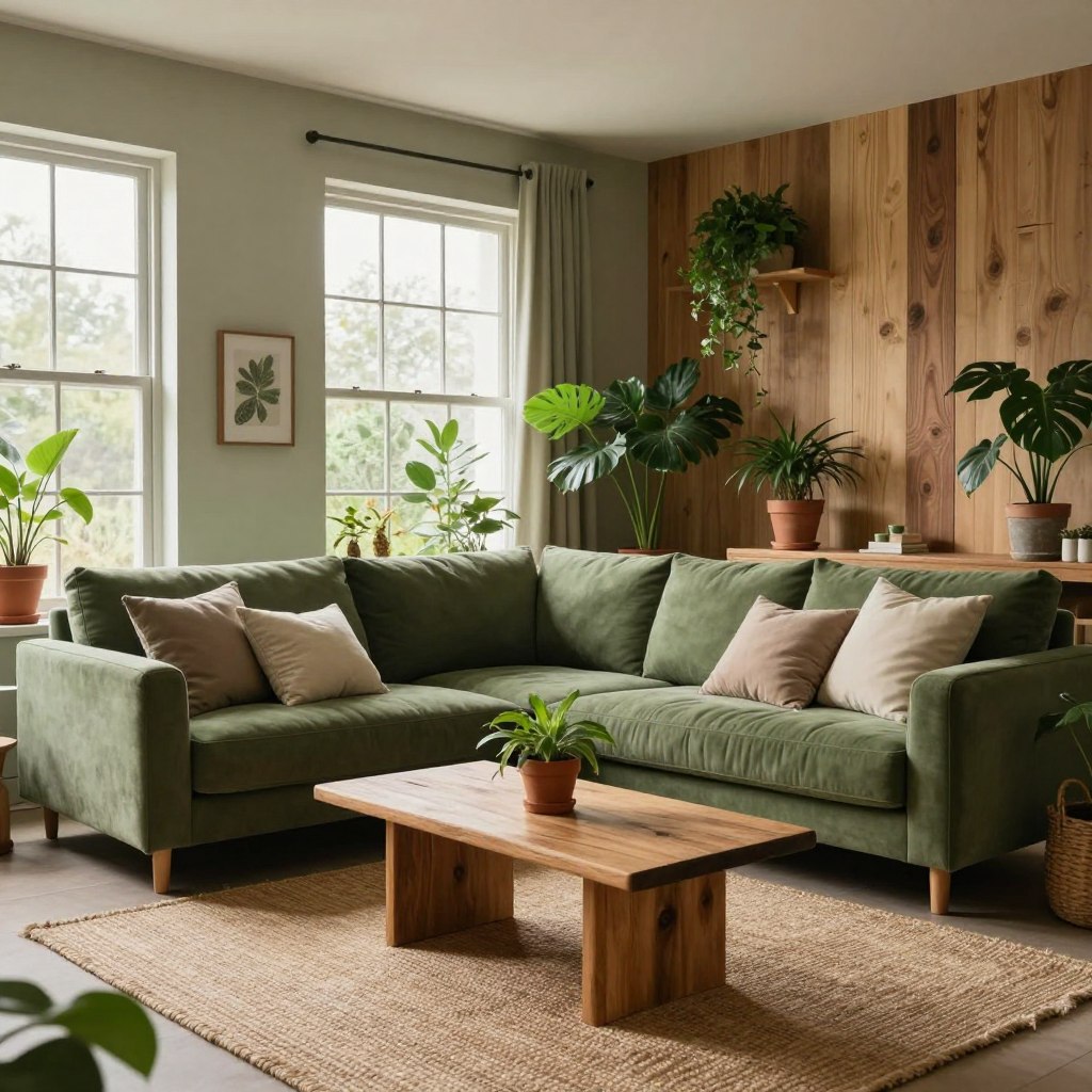 A serene, earthy green living room designed with natural materials, featuring a plush, olive green sofa adorned with soft beige pillows. The foreground showcases a woven jute rug adding warmth, while a rustic wooden coffee table sits invitingly in front, displaying a small potted plant. In the middle, large windows allow soft, diffused daylight to pour in, illuminating the space and highlighting a natural wood accent wall filled with greenery. The background includes lush indoor plants in terracotta pots, enriching the biophilic design. The atmosphere is calm and inviting, radiating a sense of tranquility and connection to nature. A wide-angle view captures the complete room, showcasing its cohesive design and organic materials, under soft, natural lighting for a soothing effect.
