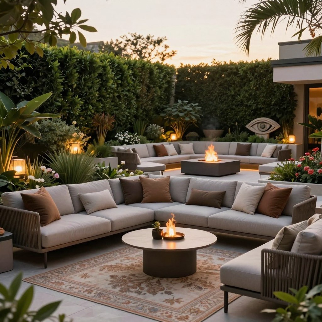 A serene grown-up lounge area in a modern backyard, featuring elegant outdoor furniture like a stylish sectional sofa, a chic coffee table, and plush cushions in muted earth tones. In the foreground, a decorative area rug adds warmth and invites relaxation. Lush greenery, including tall hedges and flowering plants, creates a sense of privacy, while strategically placed garden lights cast a gentle glow, enhancing the inviting atmosphere. In the background, a contemporary fire pit adds a cozy focal point, surrounded by elegant seating. A watchful eye motif is subtly integrated into the landscape design, with an artistic sculpture or art piece that embodies the theme. The scene is bathed in the soft golden light of the late afternoon sun, evoking a calm and sophisticated mood, viewed from a slightly elevated angle to capture the harmonious layout.