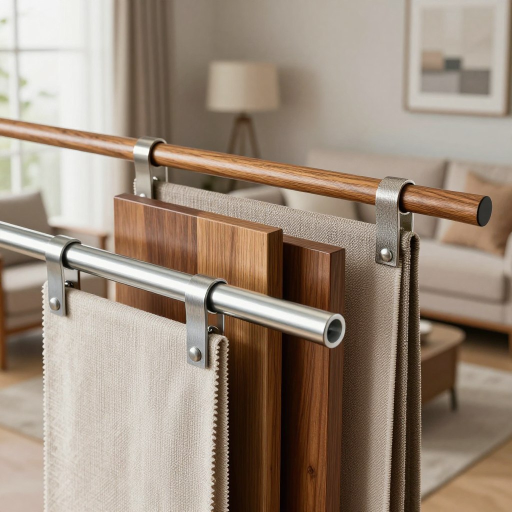 A serene living room setting showcasing a variety of drapery hardware materials, including sleek metal tracks, elegant wooden rods, and durable fabric tiebacks. The foreground features a close-up of a polished aluminum curtain track with smooth gliding features, while the middle ground displays several samples of rich wood finishes in warm tones, complemented by textured fabric swatches. Soft, natural lighting filters through a nearby window, creating a cozy and inviting atmosphere. In the background, a stylishly decorated living room subtly hints at the importance of selecting quality materials, with plush sofas and tasteful decor enhancing the scene. The overall mood is one of elegance and functionality, emphasizing the beauty and durability of reliable curtain hardware.