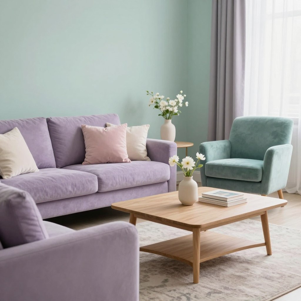 A serene living room showcasing muted pastels as the dominant color palette. The foreground features a cozy, plush sofa upholstered in soft lavender, adorned with cream and pale pink throw pillows. In the middle, a light oak coffee table holds a minimalistic vase with delicate white flowers and a few art books. To the side, a stylish armchair in muted teal complements the color scheme. The background highlights a softly painted wall in a gentle mint green, with sheer curtains allowing soft, diffused natural light to brighten the space. A simple rug with subtle patterns anchors the scene, creating a tranquil and inviting atmosphere. The composition is captured at eye level, providing a warm and harmonious view of the living area bathed in a soft, calming glow.