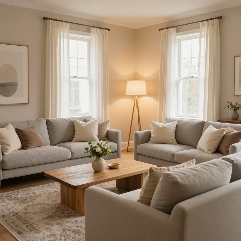 A serene living room showcasing warm beige walls that exude cozy elegance. In the foreground, a plush light gray sofa adorned with soft cream and taupe decorative pillows invites relaxation. A natural wood coffee table holds a simple vase with fresh greenery. In the middle ground, a stylish area rug with subtle patterns enhances the inviting atmosphere. To the right, a pair of contemporary floor lamps provide soft, warm lighting, casting a gentle glow throughout the room. In the background, large windows dressed with sheer white curtains allow natural sunlight to stream in, highlighting the soothing color palette. The overall mood is tranquil and inviting, perfect for a welcoming living space. The angle is slightly elevated, capturing the entire room while emphasizing the warm tones of the paint.