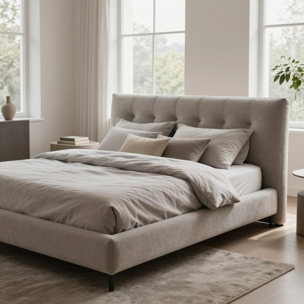 A serene master bedroom showcasing a low profile upholstered platform bed with a minimalist design. The bed features a sleek, tufted headboard in a soft, muted fabric, embellished with elegant stitching. The color palette is calm, incorporating shades of soft gray and beige. The foreground captures the plush bedding, neatly arranged with decorative pillows in various textures, harmonizing with the overall aesthetic. In the middle ground, natural light floods the room through large windows, casting gentle shadows that enhance the bed's luxurious texture. The background displays subtle decor elements such as a minimalistic bedside table and a potted plant, contributing to a tranquil atmosphere. The lens captures the scene from a slightly elevated angle, emphasizing the bed's luxurious yet approachable appeal in a chic, modern setting. A serene master bedroom showcasing a low profile upholstered platform bed with a minimalist design. The bed features a sleek, tufted headboard in a soft, muted fabric, embellished with elegant stitching. The color palette is calm, incorporating shades of soft gray and beige. The foreground captures the plush bedding, neatly arranged with decorative pillows in various textures, harmonizing with the overall aesthetic. In the middle ground, natural light floods the room through large windows, casting gentle shadows that enhance the bed's luxurious texture. The background displays subtle decor elements such as a minimalistic bedside table and a potted plant, contributing to a tranquil atmosphere. The lens captures the scene from a slightly elevated angle, emphasizing the bed's luxurious yet approachable appeal in a chic, modern setting.