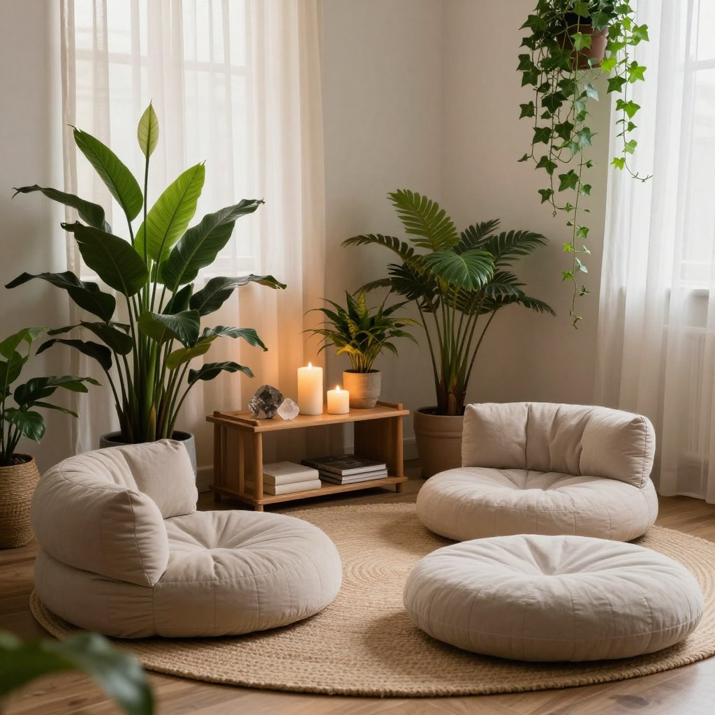 A serene meditation nook in a cozy living room corner, featuring plush yoga cushions in soft, neutral tones, layered over a natural fiber rug. Lush green plants, including a tall peace lily and cascading ivy, add vibrancy and life to the space. The middle ground showcases a small, elegant wooden shelf with candles and a crystal for ambiance. In the background, soft, warm light filters through sheer curtains, creating a calming atmosphere. The scene captures an inviting, tranquil vibe, perfect for relaxation and mindfulness. Use a wide-angle lens to emphasize the space and depth, highlighting the harmonious blend of natural elements and comfortable decor.