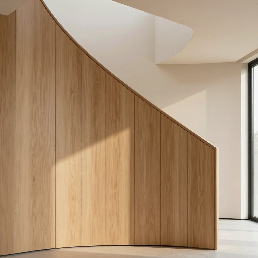 A serene, minimalist staircase wall featuring sleek, vertical paneling made of light oak wood. The foreground displays a close-up of the textured panels, emphasizing their clean lines and smooth finish. In the middle, a stylish, modern staircase spirals upward, framed by the wall paneling, showcasing the harmonious blend of architecture and design. The background consists of a soft, neutral-toned wall, creating a calm and open atmosphere. Warm, natural light filters in from a large window, casting gentle shadows and highlighting the simplicity of the decor. The overall mood is inviting and tranquil, reflecting the elegance of minimalist design in modern homes.
