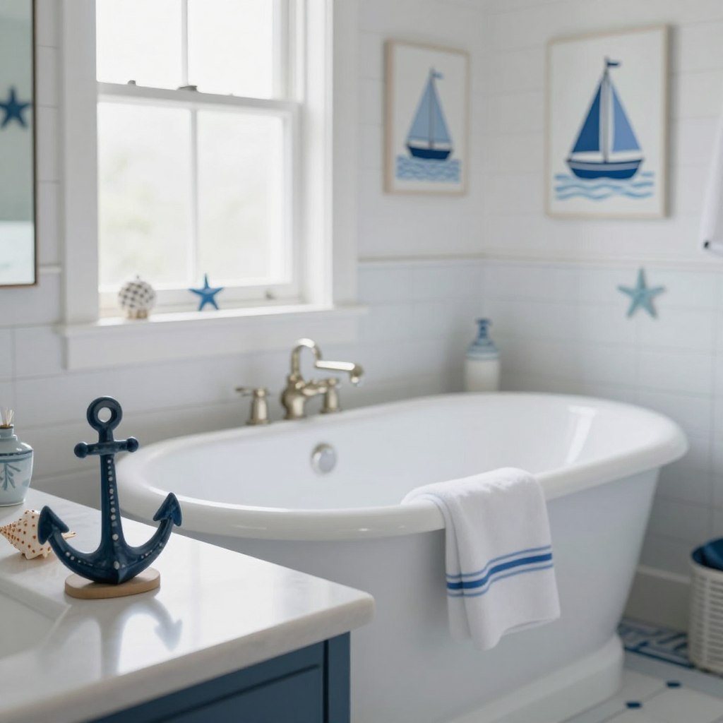 A serene nautical-themed bathroom showcasing a classic blue and white decor scheme. In the foreground, an elegantly arranged countertop displays a small nautical-themed decor item, like a seashell or a decorative anchor. The middle of the image features a stylish freestanding bathtub with crisp white towels and a subtle blue stripe. Soft, natural light streams in through a frosted window, creating a calm atmosphere. The background highlights white shiplap walls adorned with blue and white marine-inspired artwork, such as sailboats and starfish. The overall mood is fresh and inviting, reminiscent of a breezy seaside retreat, with an emphasis on cleanliness and tranquility. Capture the scene from a slight angle to emphasize depth and warmth. A serene nautical-themed bathroom showcasing a classic blue and white decor scheme. In the foreground, an elegantly arranged countertop displays a small nautical-themed decor item, like a seashell or a decorative anchor. The middle of the image features a stylish freestanding bathtub with crisp white towels and a subtle blue stripe. Soft, natural light streams in through a frosted window, creating a calm atmosphere. The background highlights white shiplap walls adorned with blue and white marine-inspired artwork, such as sailboats and starfish. The overall mood is fresh and inviting, reminiscent of a breezy seaside retreat, with an emphasis on cleanliness and tranquility. Capture the scene from a slight angle to emphasize depth and warmth.