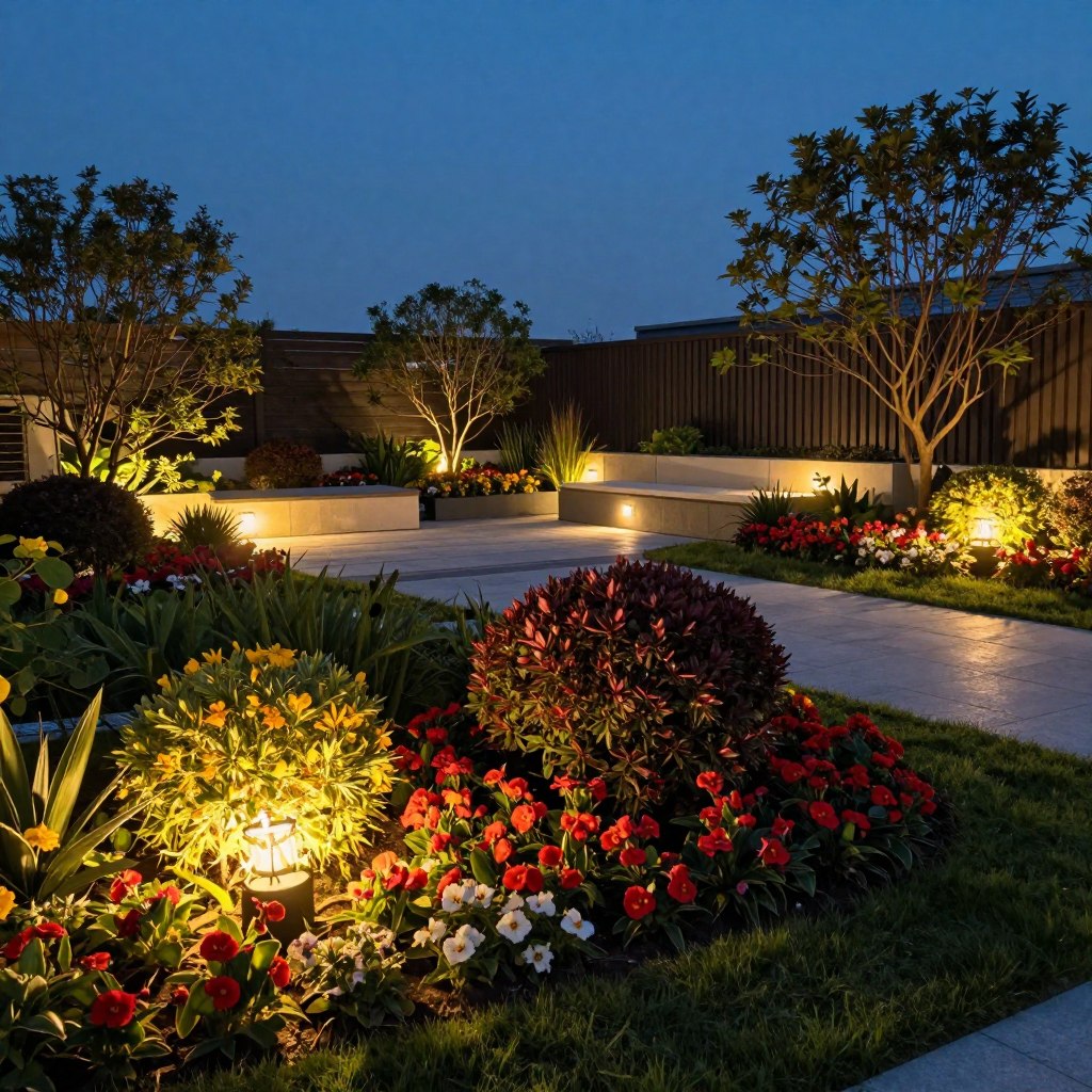 A serene night scene showcasing diverse landscape lighting techniques for plants and garden features. In the foreground, strategically placed LED accent lights create a warm, inviting glow around vibrant flower beds and sculptural shrubs, highlighting their textures and colors. The middle ground features softly illuminated pathway lights guiding the viewer through a beautifully arranged terrace, with planters and small trees subtly lit to emphasize their form. In the background, a gentle twilight sky adds a deep blue hue, creating a calming atmosphere. Use a wide-angle lens to capture the entire scene, with an emphasis on the interplay of light and shadow that enhances the natural beauty of the landscape. The overall mood should feel cozy and enchanting, perfect for evening relaxation.
