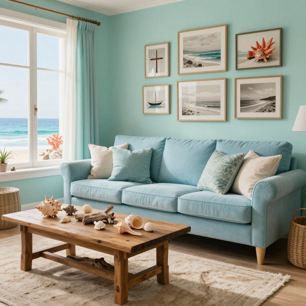 A serene ocean-themed living room, rich in coastal charm, featuring a collection of treasures from the sea. In the foreground, a rustic wooden coffee table displays a variety of seashells and driftwood, with a soft, sandy-colored rug beneath. The middle ground showcases a plush, light blue sofa adorned with throw pillows in ocean hues, facing a large window that floods the space with natural light. Behind the sofa, a gallery wall displays framed nautical artifacts and sepia-toned photographs of beach landscapes. The background captures soothing shades of seafoam green and coral, evoking a tranquil ambiance. Soft, ambient lighting creates a warm glow, with sunlight filtering through sheer curtains, enhancing the peaceful atmosphere of a relaxing coastal retreat.