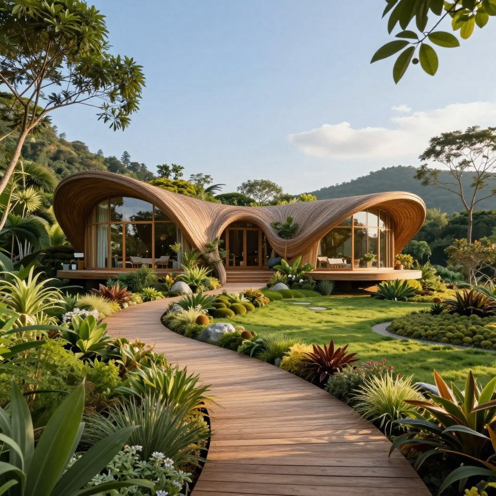 A serene organic architecture home nestled within a lush, verdant landscape. In the foreground, curving wooden walkways meander gracefully, lined with diverse flora. The middle ground features a modern, flowing house designed with natural materials, resembling a gentle wave or flower, its walls seamlessly integrating with the surrounding nature. Large windows reflect the sky and trees, inviting light into the interior. The background showcases a tranquil garden with soft, rounded shapes, complemented by gentle hills and a clear blue sky. The lighting is warm and inviting, with golden hour sunlight casting soft shadows. The atmosphere conveys harmony and tranquility, embodying the essence of organic design. Camera angle is slightly elevated, emphasizing the integration of architecture with nature. A serene organic architecture home nestled within a lush, verdant landscape. In the foreground, curving wooden walkways meander gracefully, lined with diverse flora. The middle ground features a modern, flowing house designed with natural materials, resembling a gentle wave or flower, its walls seamlessly integrating with the surrounding nature. Large windows reflect the sky and trees, inviting light into the interior. The background showcases a tranquil garden with soft, rounded shapes, complemented by gentle hills and a clear blue sky. The lighting is warm and inviting, with golden hour sunlight casting soft shadows. The atmosphere conveys harmony and tranquility, embodying the essence of organic design. Camera angle is slightly elevated, emphasizing the integration of architecture with nature.