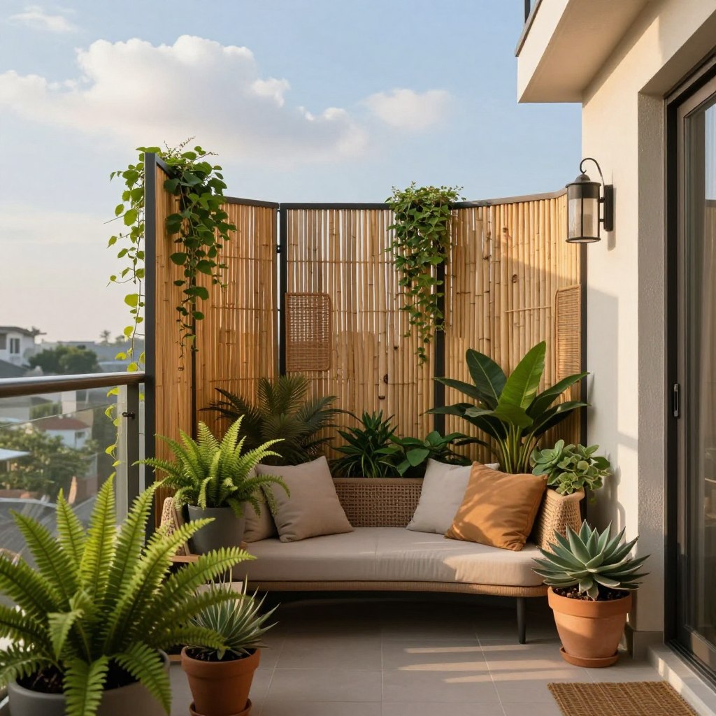 A serene private balcony oasis featuring elegant privacy screens adorned with climbing vines, harmoniously blending natural elements with modern design. In the foreground, lush potted plants in varying heights, including ferns and succulents, create a vibrant green atmosphere. A cozy seating area, draped with soft cushions, invites relaxation. The middle section showcases stylish privacy screens made of bamboo, offering an intimate feel, while subtle rattan accents enhance the modern aesthetic. In the background, a soft blue sky filtered by wispy white clouds enhances the serene ambiance. The lighting is warm and inviting, suggesting late afternoon sun, with shadows gently playing across the balcony. The mood is calming and rejuvenating, ideal for creating a personal urban retreat. A serene private balcony oasis featuring elegant privacy screens adorned with climbing vines, harmoniously blending natural elements with modern design. In the foreground, lush potted plants in varying heights, including ferns and succulents, create a vibrant green atmosphere. A cozy seating area, draped with soft cushions, invites relaxation. The middle section showcases stylish privacy screens made of bamboo, offering an intimate feel, while subtle rattan accents enhance the modern aesthetic. In the background, a soft blue sky filtered by wispy white clouds enhances the serene ambiance. The lighting is warm and inviting, suggesting late afternoon sun, with shadows gently playing across the balcony. The mood is calming and rejuvenating, ideal for creating a personal urban retreat.