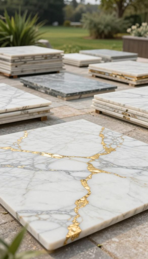 A serene stone yard featuring an array of stunning Calacatta Gold marble slabs, showcasing their distinctive white backdrop with striking gold and gray veining. In the foreground, focus on a few selected slabs with varied patterns lying on the ground, resulting in a luxurious visual texture. The middle layer reveals piles of additional slabs neatly arranged, emphasizing the variety available for selection. The background consists of a lush green landscape, subtly illuminated by soft, natural lighting that highlights the intricate details and shimmer of the marble. The atmosphere is calm and sophisticated, evoking a sense of luxury and timelessness, ideal for those seeking the perfect kitchen design element. Shot from a low angle to accentuate the beauty of the marble slabs and create depth in the image.