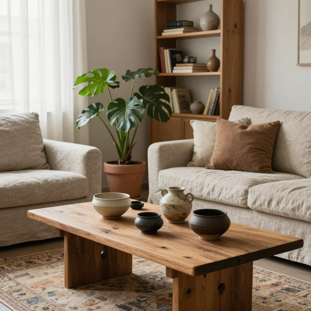 A serene wabi-sabi home decor scene featuring a cozy living room. In the foreground, a rustic wooden coffee table displays an assortment of handmade pottery, some slightly irregular in shape, exhibiting the beauty of imperfection. A textured linen sofa, adorned with soft earth-toned cushions, invites relaxation. In the middle, a large, vibrant potted plant adds a touch of nature, alongside a handwoven rug with faded patterns that evoke a sense of history. The background showcases a minimalist bookshelf filled with well-worn books and a few carefully chosen decorative pieces, all set against a light, neutral wall. Warm natural light filters through sheer curtains, enhancing the tranquil atmosphere, and creating soft shadows that add depth to the scene. The overall mood is calm, inviting, and reflective of the beauty found in simplicity and authenticity. A serene wabi-sabi home decor scene featuring a cozy living room. In the foreground, a rustic wooden coffee table displays an assortment of handmade pottery, some slightly irregular in shape, exhibiting the beauty of imperfection. A textured linen sofa, adorned with soft earth-toned cushions, invites relaxation. In the middle, a large, vibrant potted plant adds a touch of nature, alongside a handwoven rug with faded patterns that evoke a sense of history. The background showcases a minimalist bookshelf filled with well-worn books and a few carefully chosen decorative pieces, all set against a light, neutral wall. Warm natural light filters through sheer curtains, enhancing the tranquil atmosphere, and creating soft shadows that add depth to the scene. The overall mood is calm, inviting, and reflective of the beauty found in simplicity and authenticity.