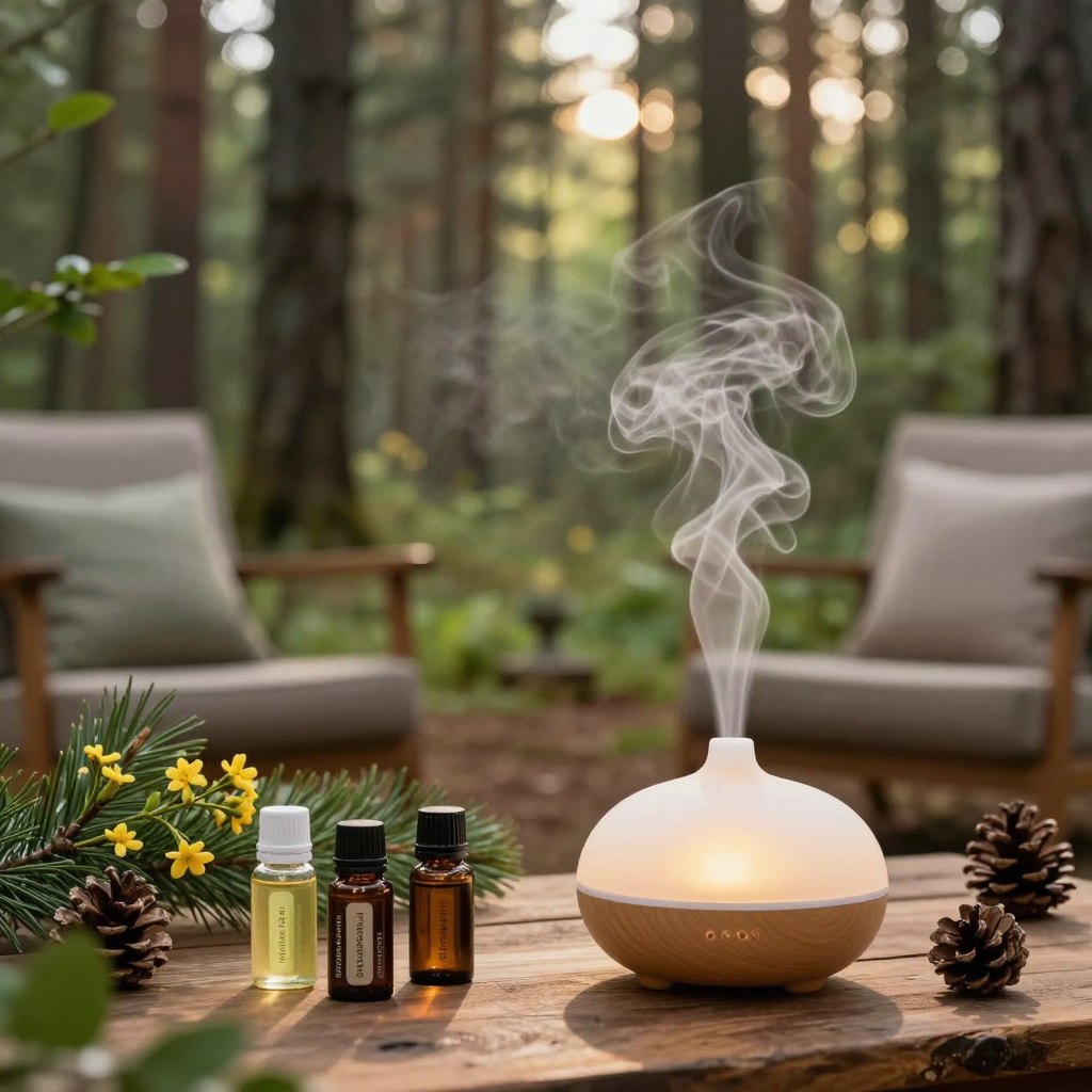 A serene woodland scene capturing the essence of a cozy living room ambiance, featuring essential oils for respiratory support. In the foreground, an elegant diffuser emits gentle wisps of aromatic steam, surrounded by small bottles of bergamot, cedarwood, and pine essential oils. The middle ground showcases a rustic wooden table adorned with green foliage, pinecones, and soft, warm lighting that creates a welcoming glow. In the background, tall pine trees rise majestically, dappled in soft sunlight filtering through the leaves. A slight mist adds a tranquil touch, emphasizing nature's calming atmosphere. Use a warm color palette and soft focus lens to enhance the cozy mood, inviting the viewer to experience the refreshing woodland blend.