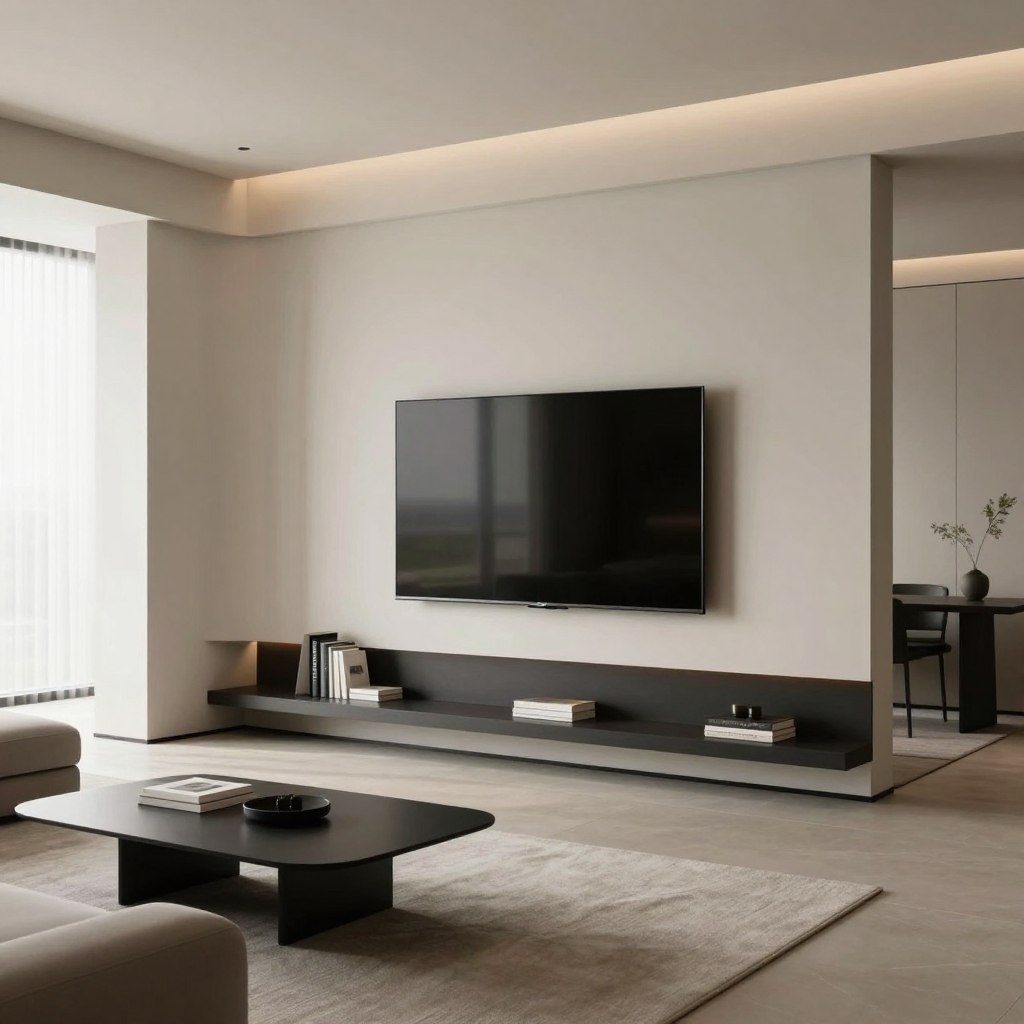 A sleek and modern living room featuring a corner-mounted floating TV, elegantly designed to blend seamlessly with the minimalist decor. The TV is mounted high on a smooth, neutral-colored wall, casting subtle reflections of ambient light. Below the TV, hidden storage compartments are integrated into the floating mount, showcasing a tidy arrangement of books and decorative items. The room is bathed in soft, natural light filtering through large windows, enhancing the clean lines and calming atmosphere. The space is furnished with minimalist furniture in muted tones, including a streamlined sofa and a chic coffee table. A wide-angle perspective captures the entire setup, highlighting the clever use of space and sophisticated aesthetic of a contemporary minimalist living room.