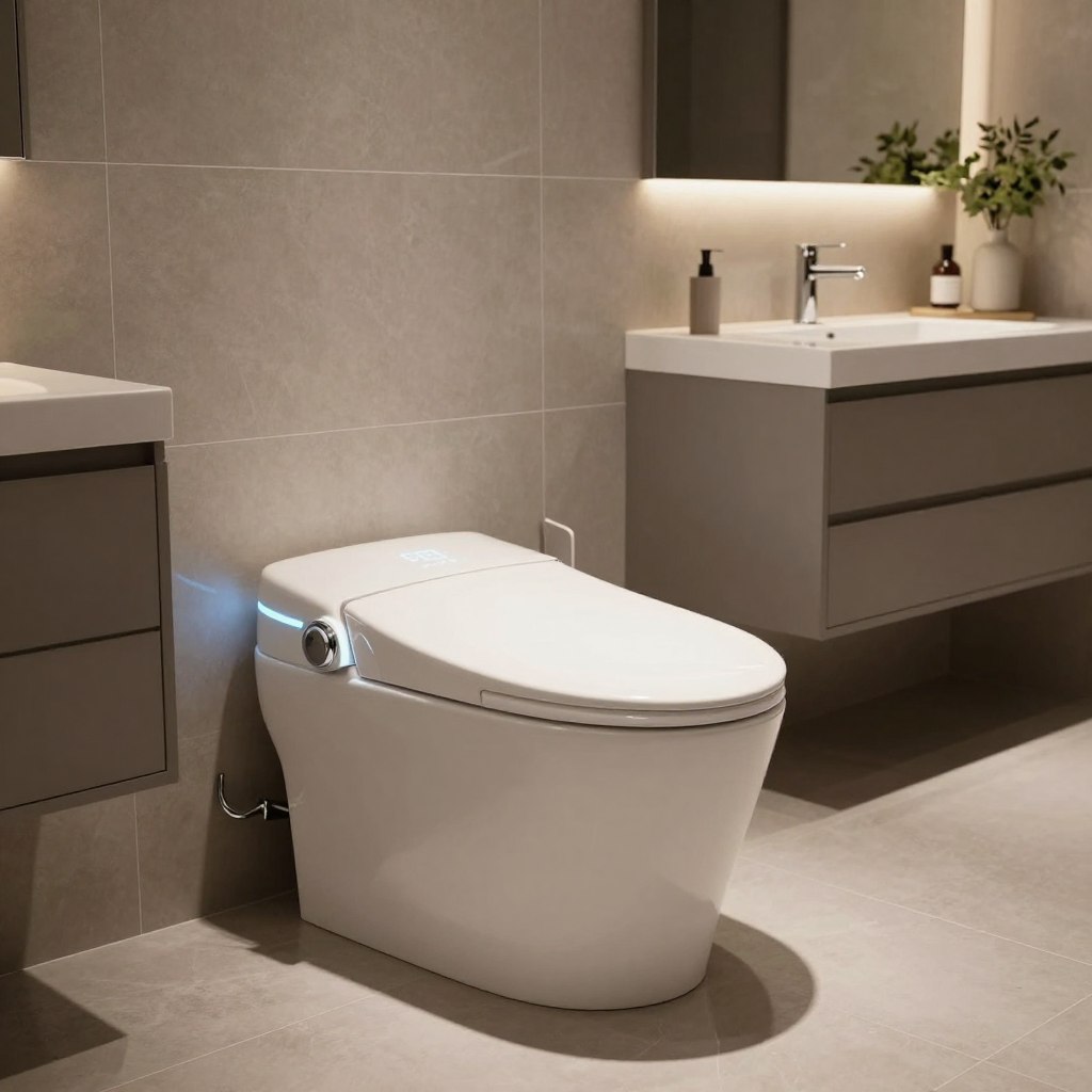 A sleek and modern smart toilet system features hygienic innovations like a self-cleaning bowl, integrated bidet, and touchless flushing. The foreground showcases the toilet with polished chrome fixtures, a seamless design, and a digital control panel with illuminated buttons. In the middle ground, a beautifully tiled bathroom setting features soft ambient lighting highlighting the glossy surfaces of contemporary cabinetry and muted earth-tone walls. The background reveals subtle details like minimalist decor and potted plants, providing a serene atmosphere. The scene is captured with a wide-angle lens to emphasize the spaciousness and luxury of the bathroom, creating a sophisticated and inviting mood perfect for discussing advanced hygiene solutions.