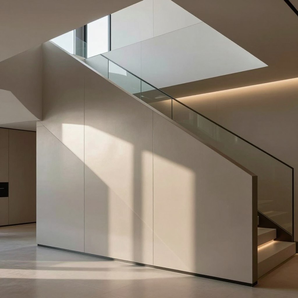 A sleek and modern stairwell wall panel showcasing a refined design with smooth, geometric lines and high-quality finishes. The foreground features the elegantly crafted panel with a slight sheen reflecting ambient light, accentuating its clean texture. In the middle ground, a minimalist staircase leads upward, surrounded by tempered glass railings, giving a sense of openness. The background displays softly lit walls in a muted palette, enhancing the contemporary feel of the space. Natural light streams in from an overhead window, casting dynamic shadows that play across the surface, creating an inviting atmosphere. The overall mood is sophisticated and tranquil, embodying the evolution of modern staircase design.