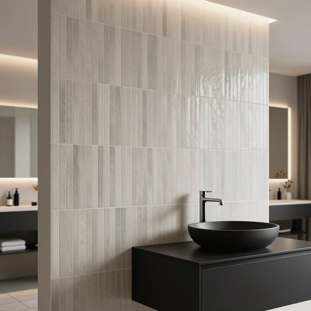 A sleek bathroom interior featuring a striking vertical ribbed porcelain tile accent wall, showcasing a modern design. The tiles are in soft, muted tones of ivory and light gray, arranged in a sophisticated pattern that adds depth and texture to the space. In the foreground, a minimalist vanity with a matte black finish complements the wall, complete with a chic vessel sink and elegant chrome fixtures. Soft, diffused lighting gently illuminates the scene, creating a warm and inviting atmosphere. The background reveals modern bathroom elements, including a mirror with integrated lighting and stylish decor items, while the floor is adorned with subtle, high-contrast tiles. The perspective is slightly elevated, capturing both the ribbed wall and the vanity in a harmonious composition that embodies contemporary design aesthetics.